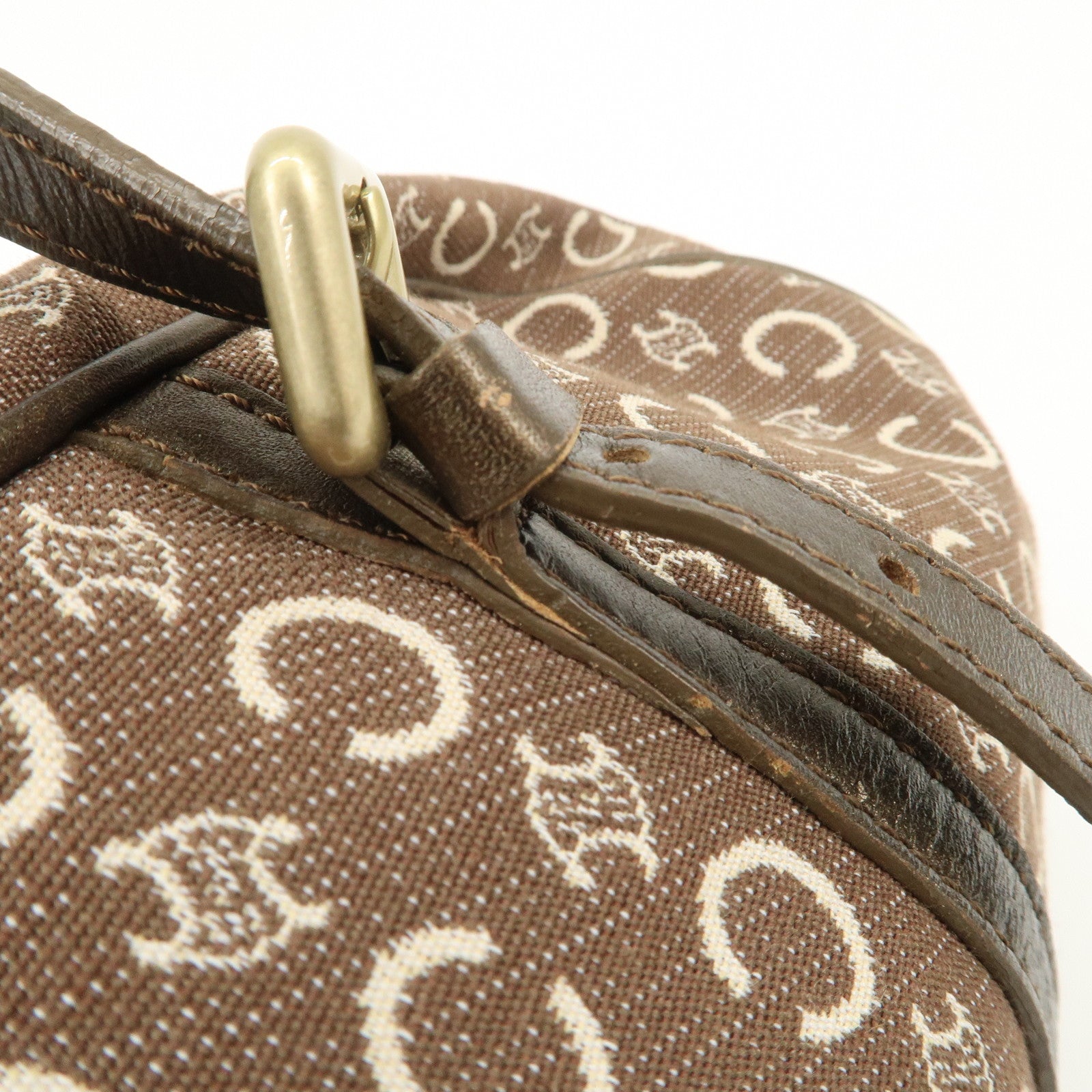 CELINE C Macadam Canvas Leather Boston Bag Hand Bag Brown White Used