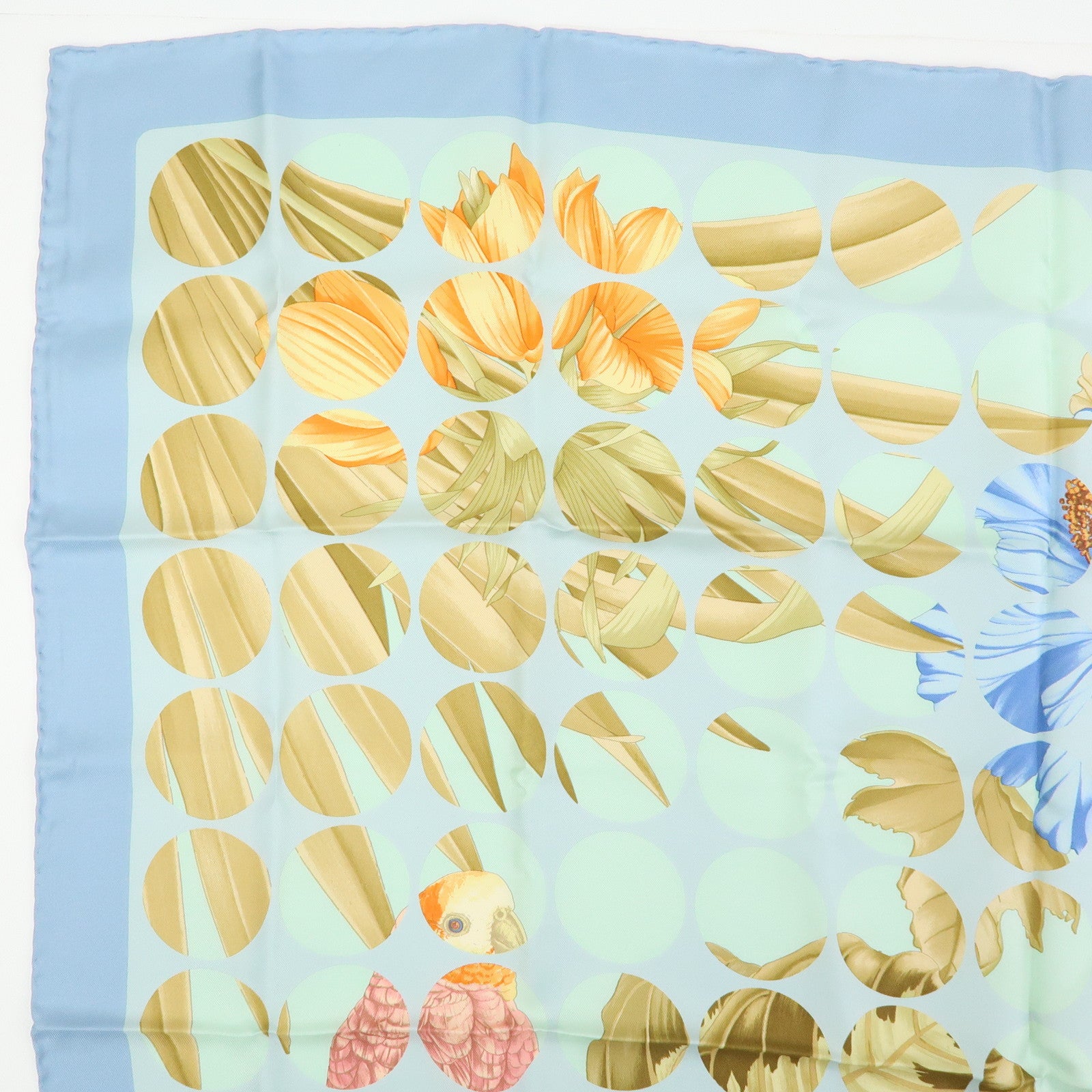 Ferragamo Silk 100% Scarf Leopard Bird Floral Print Light Blue Brown
