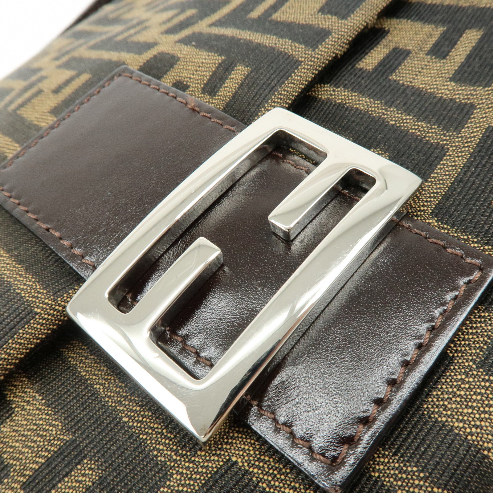 FENDI Mamma Baguette Zucca Canvas Leather Shoulder Bag Brown 26325