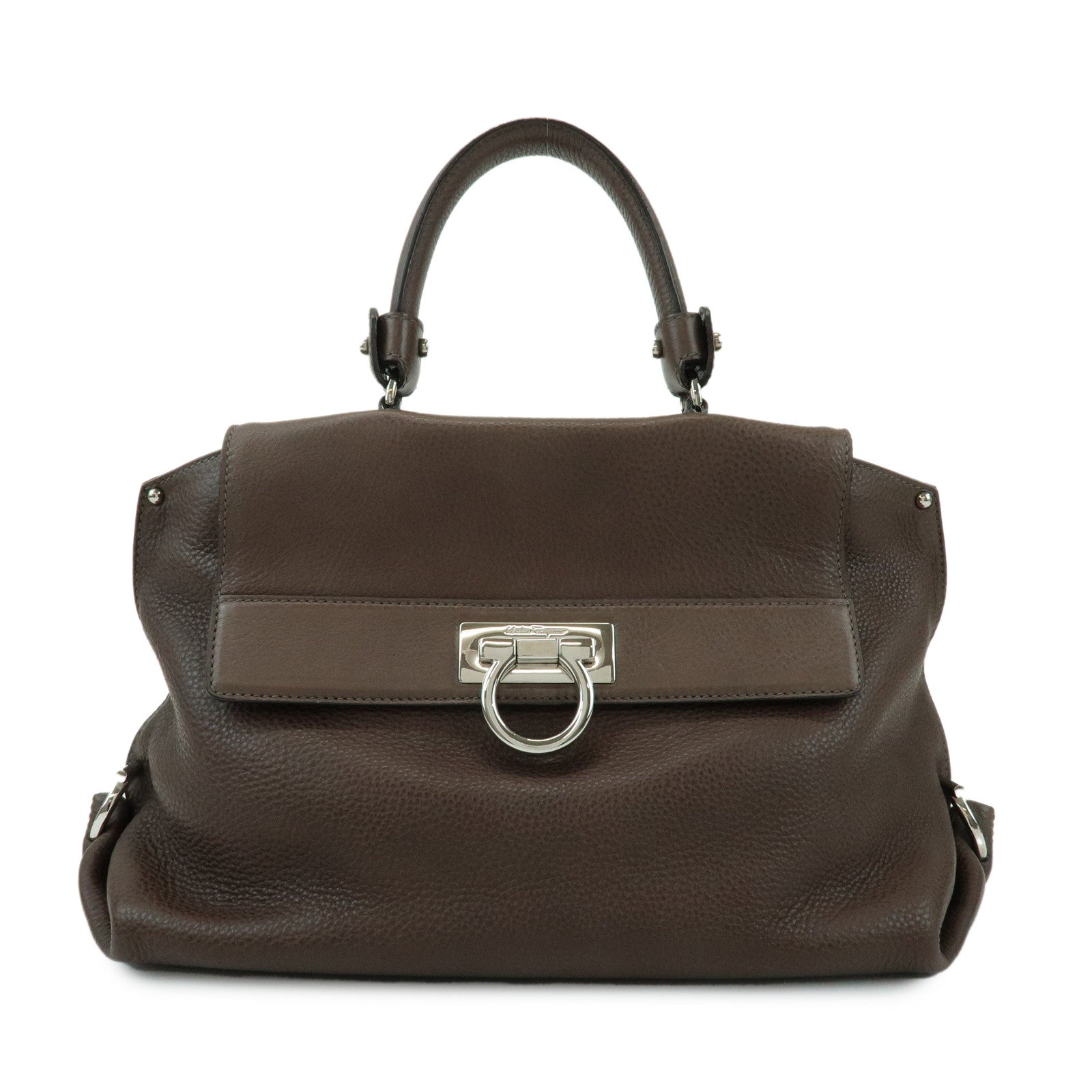 Ferragamo Gancini Leather Top Handle Hand Bag Brown