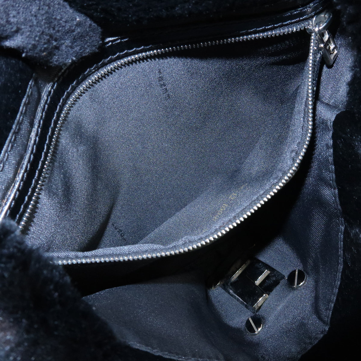FENDI FF Logo Lapin Rabbit Fur Leather Shoulder Tote Bag Black 16001