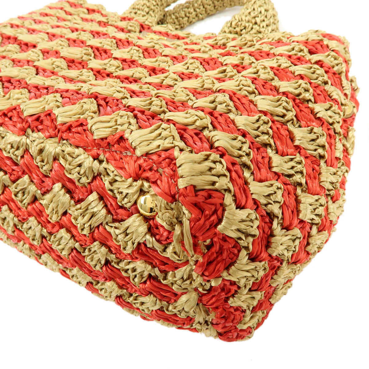 PRADA Canapa Triangle Logo Raffia Tote Bag Hand Bag Natural Red BN2303
