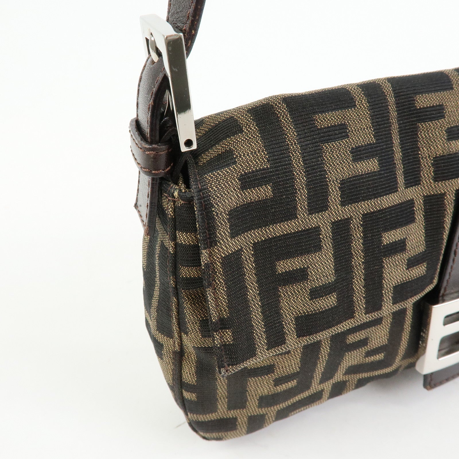 FENDI Mamma Baguette Zucca Canvas Leather Shoulder Bag Brown 26424