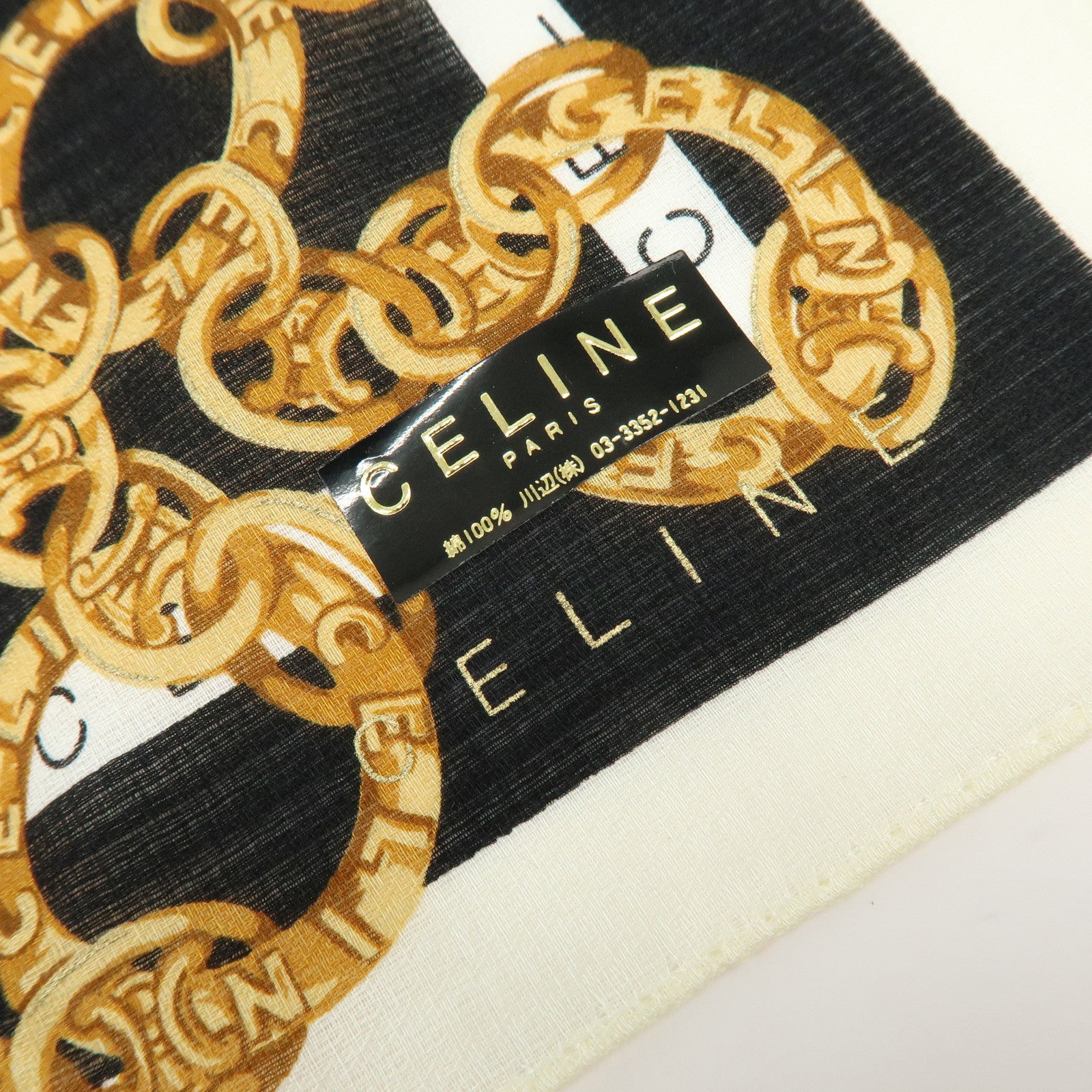 CELINE Set of 2 Silk Cotton Handkerchief Scarf Chain Motif Black Gold