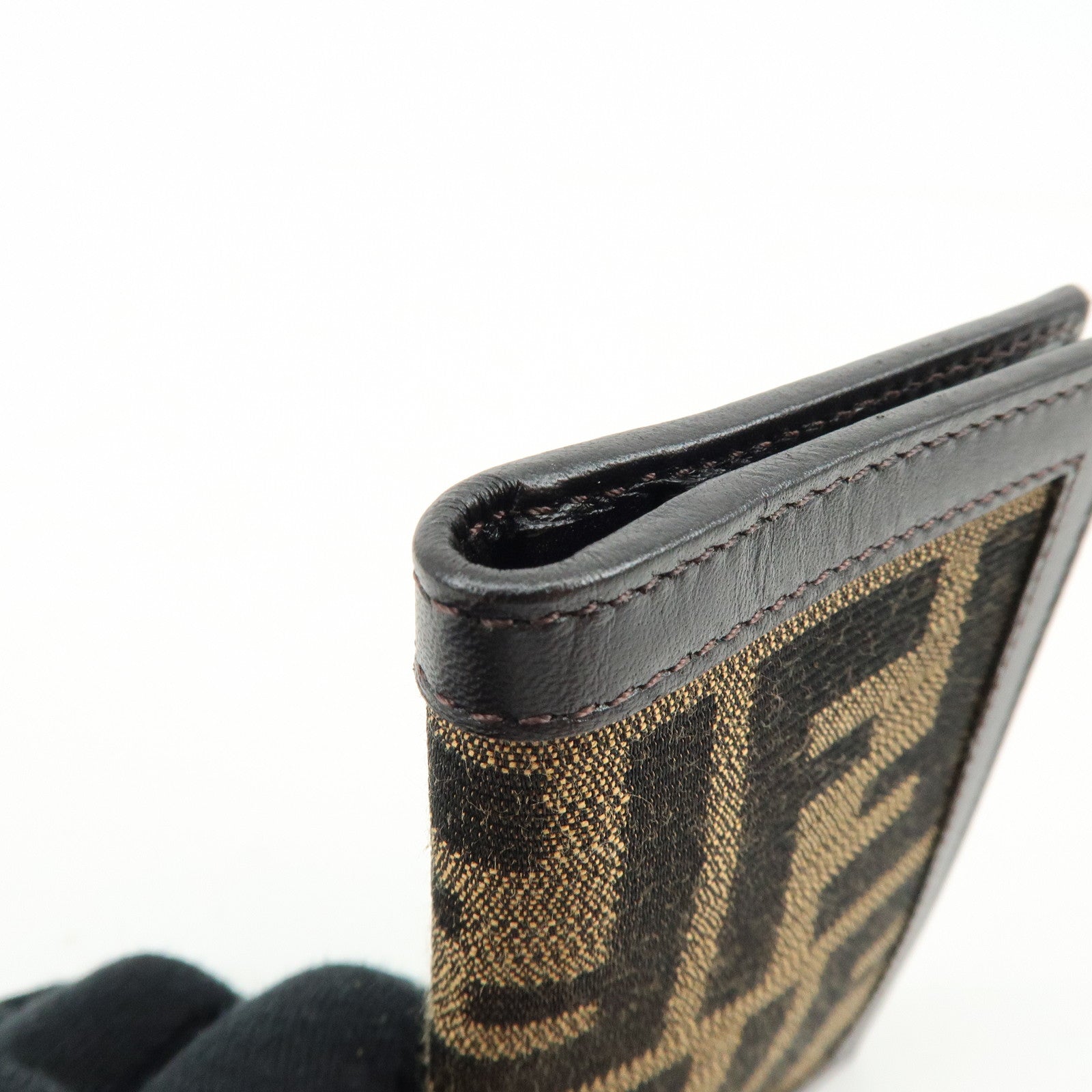 FENDI Zucca Canvas Leather Card Case Card Holder Brown Black 7M0168