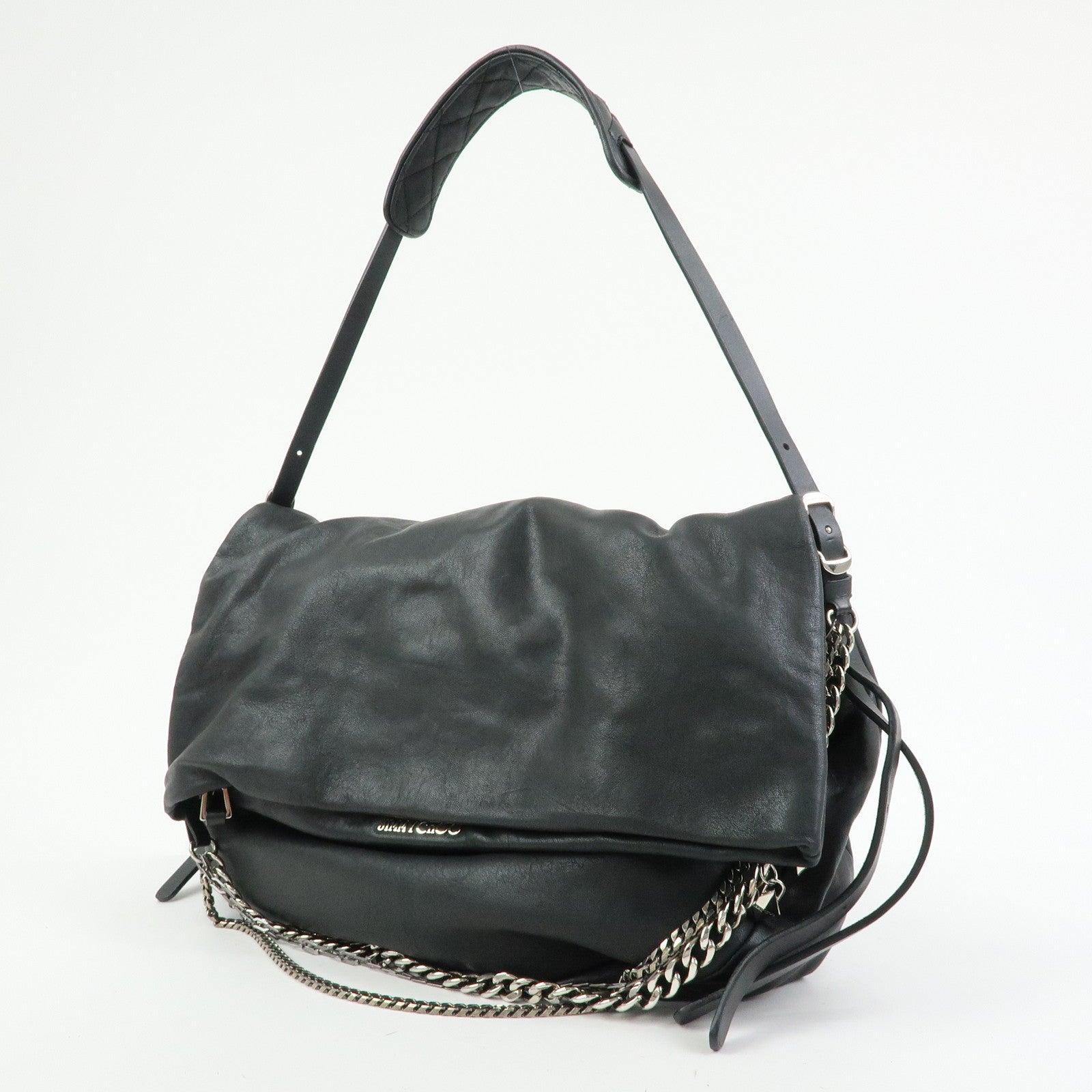 JIMMY CHOO Leather Shoulder Bag Crossbody Bag Metal Chain Black