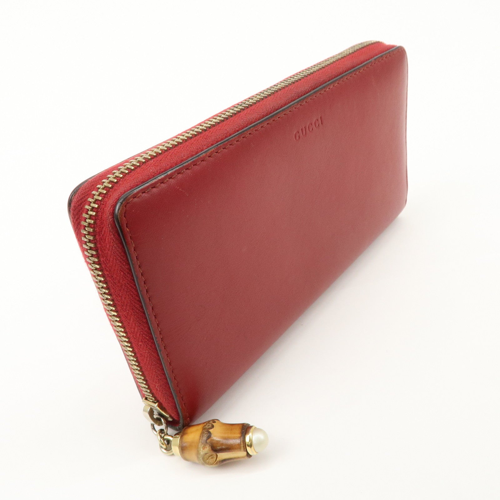 GUCCI Bamboo Leather Round Zippy Wallet Long Wallet Red Used