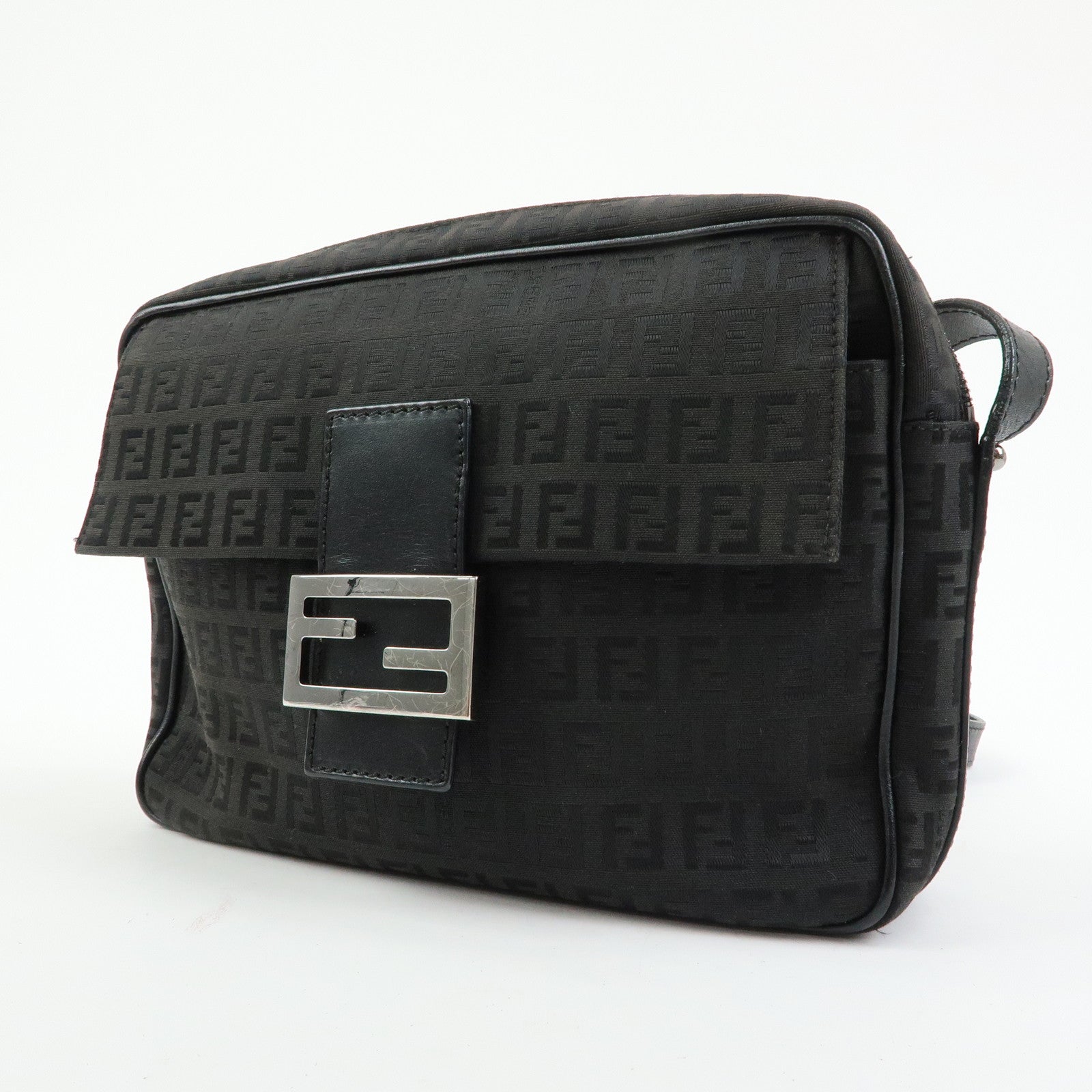 FENDI Zucchino Jacquard Canvas Leather Shoulder Bag Black 8BT117
