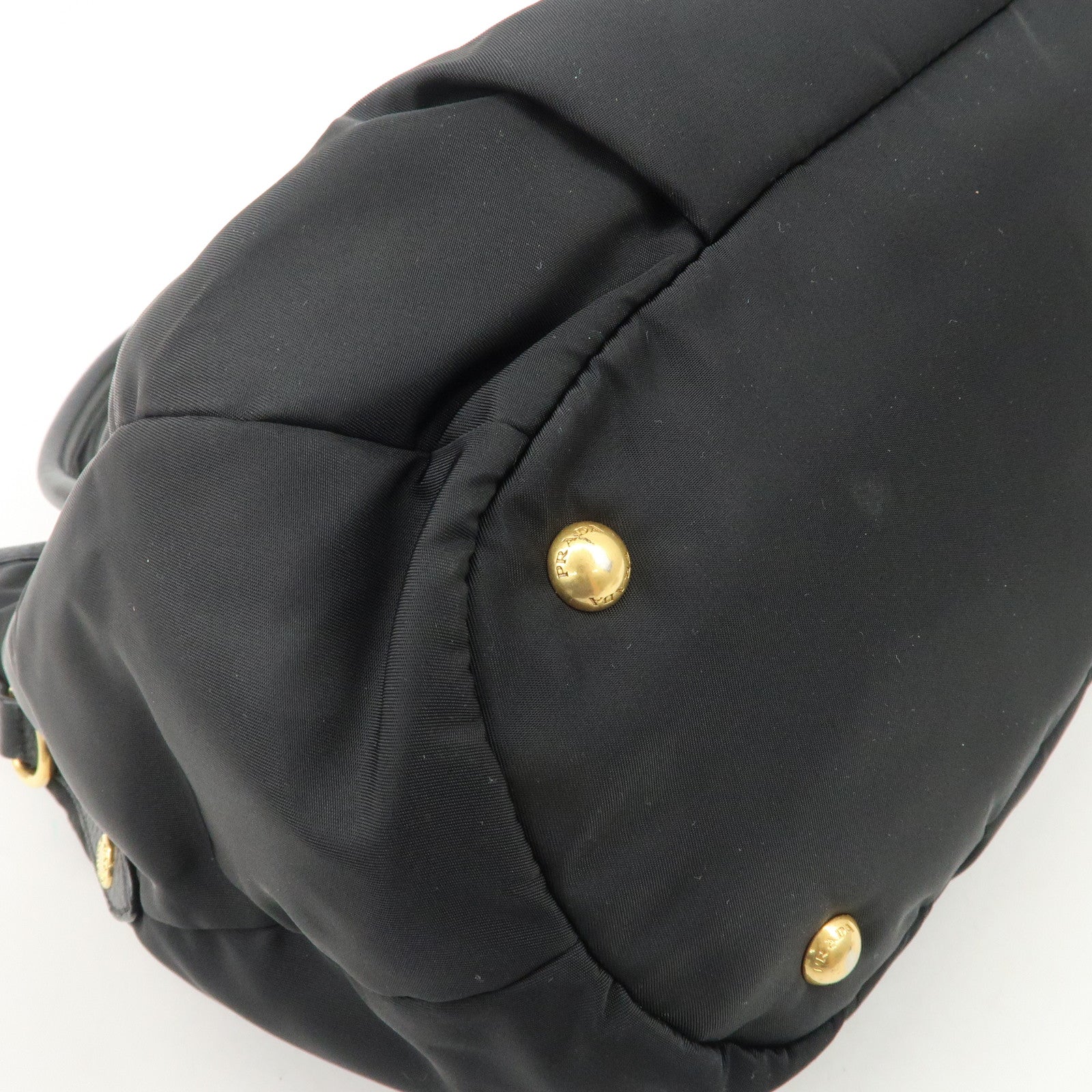 PRADA Logo Nylon Leather 2way Tote Bag Hand Bag Black Gold Hardware Used