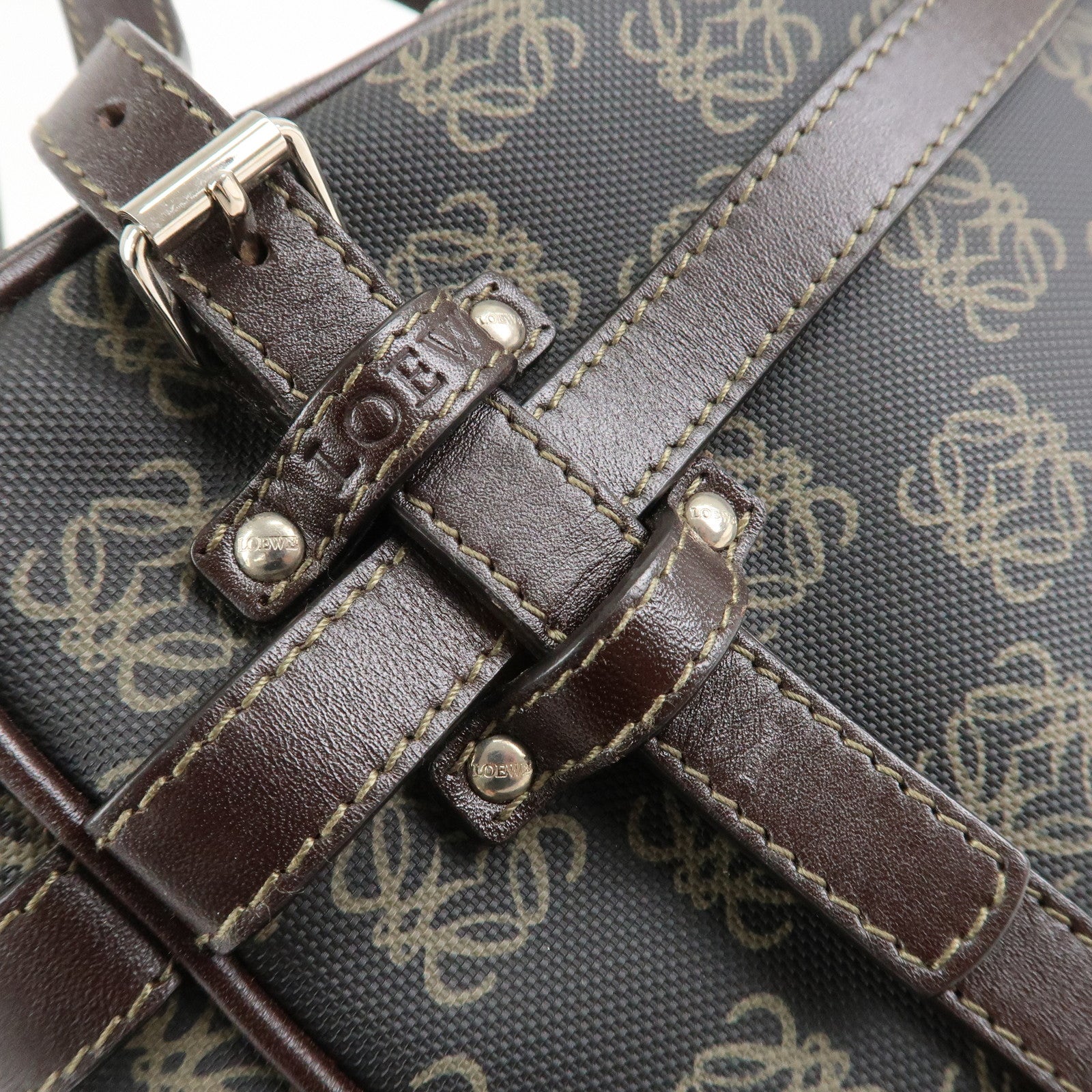 LOEWE Repeat Anagram PVC Leather 2Way Boston Bag Hand Bag Brown Used