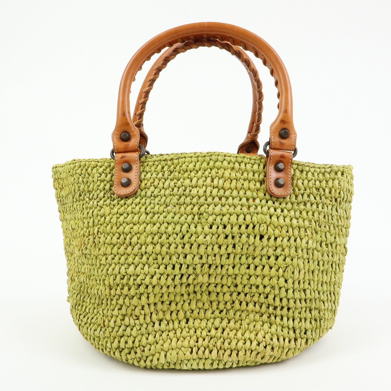 Balenciaga Panier Raffia Leather Basket Tote Bag Green Brown 236741
