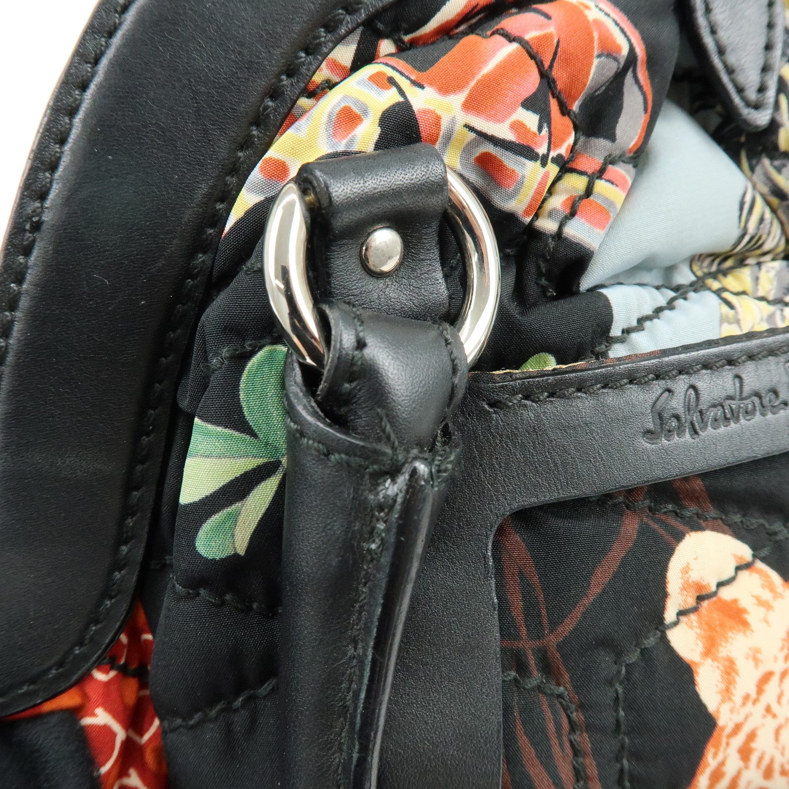 Ferragamo Nylon Quilting Leather Hand Bag Animalier Black Multicolor