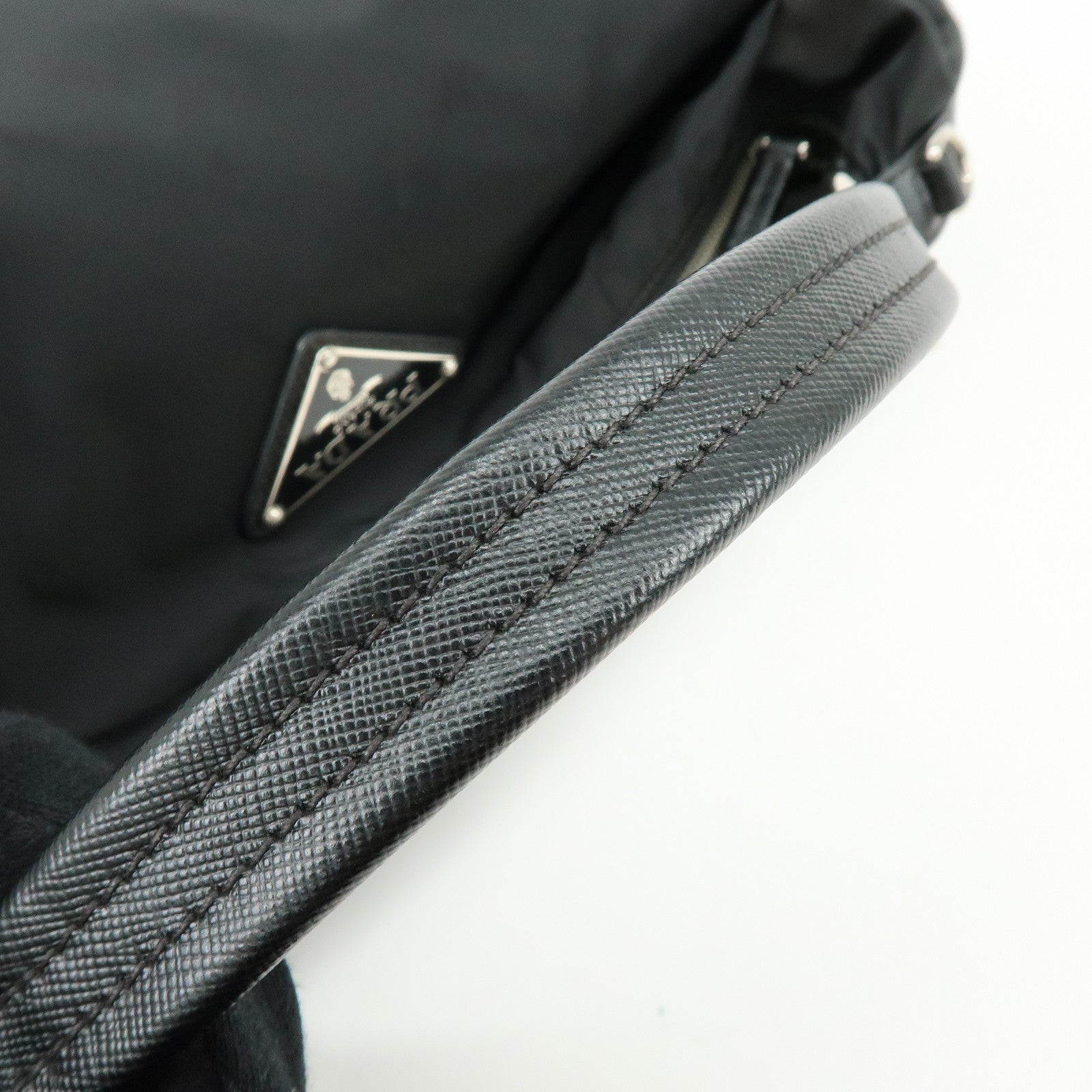 PRADA Triangle Logo Nylon Saffiano Leather Shoulder Bag Black BR3291