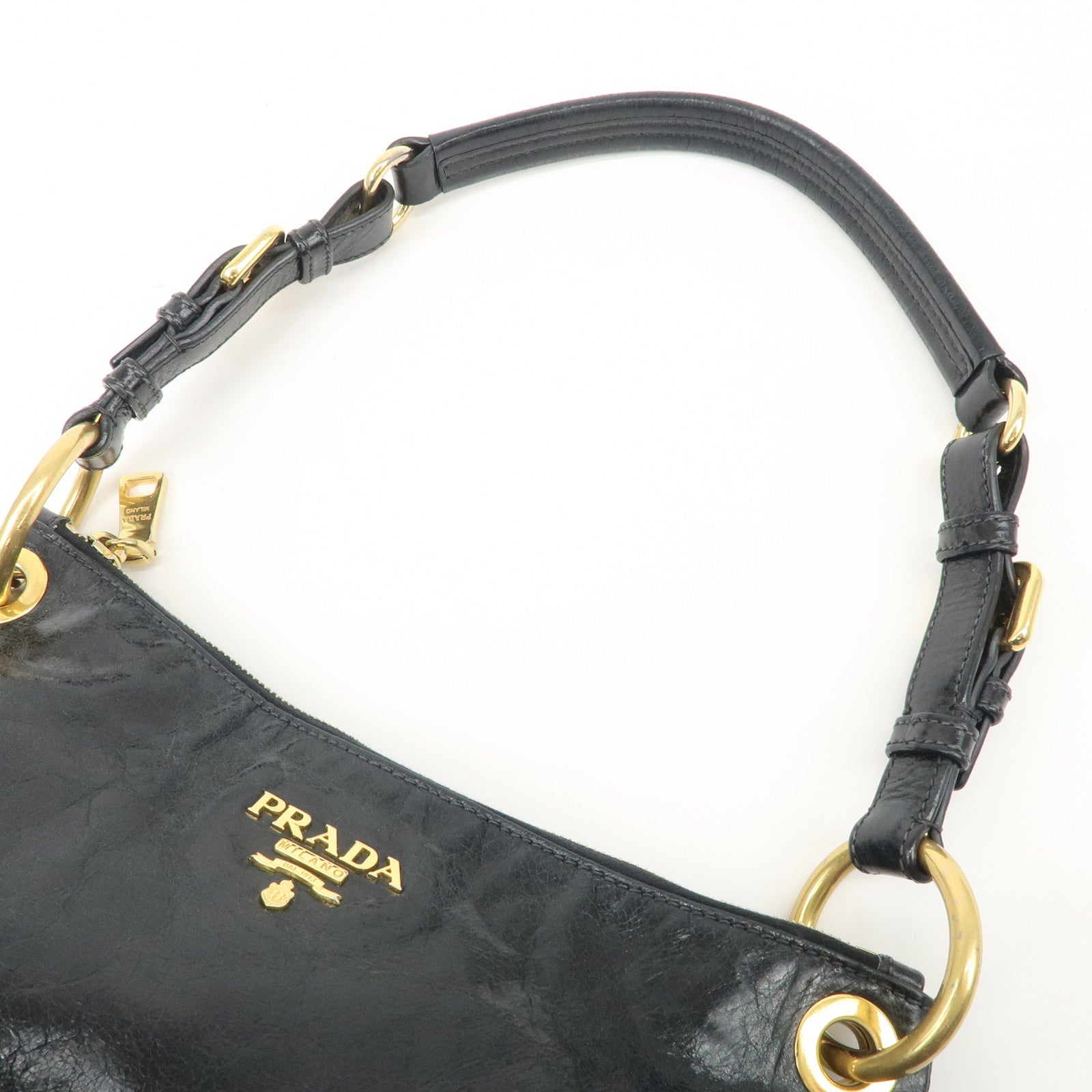 PRADA Logo Leather Shoulder Bag Hand Bag Gold Hardware Black Used