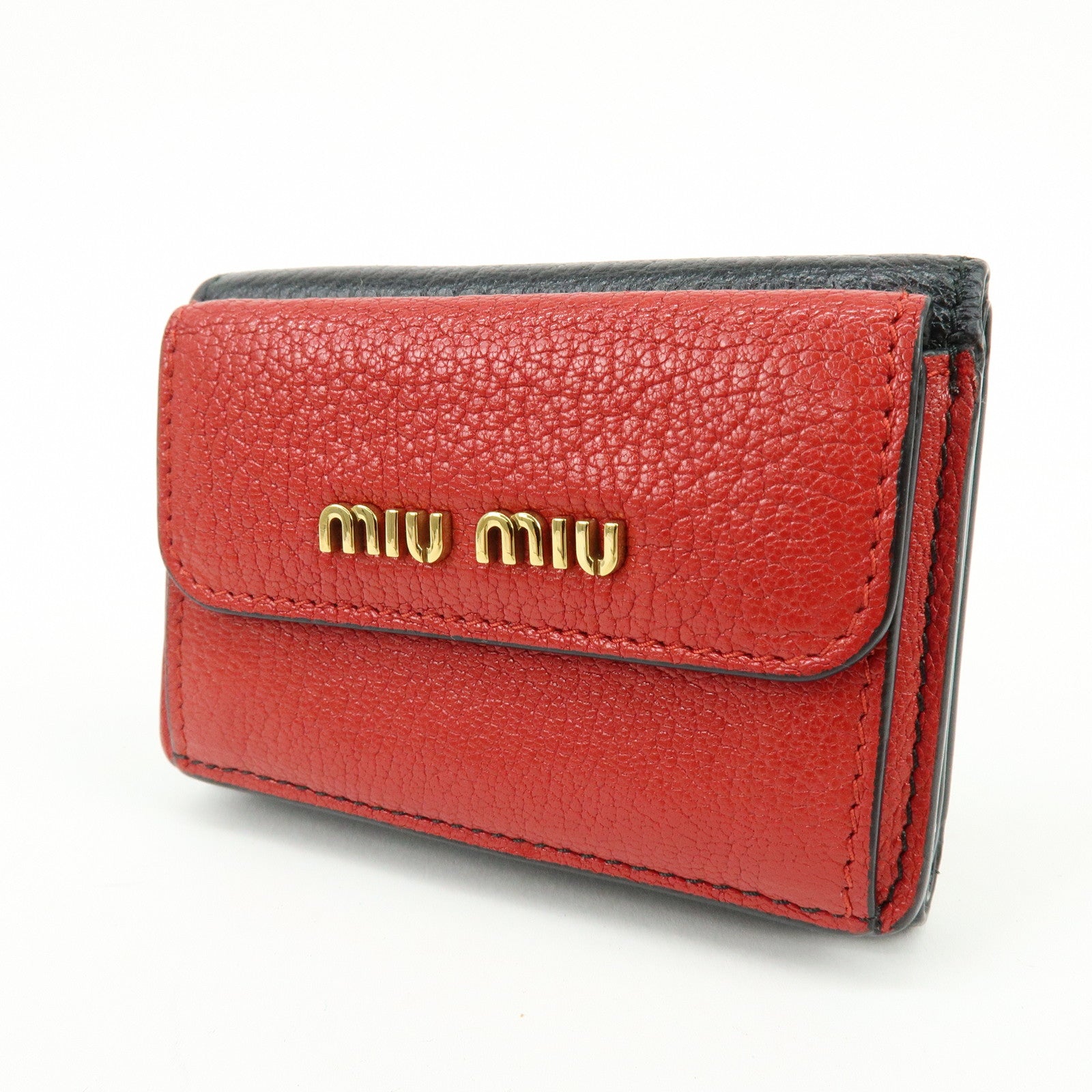 MIU MIU Logo Madras Leather Tri-fold Compact Wallet Red Black 5MH020
