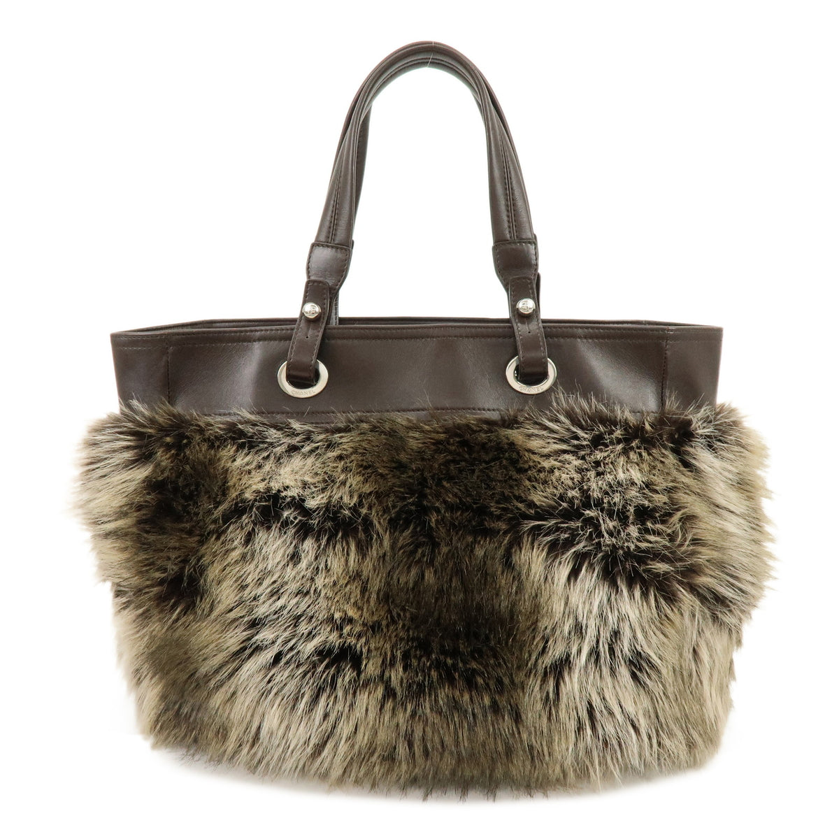 CHANEL Paris Biarritz Fur Leather Tote Bag Shoulder Bag Brown Beige