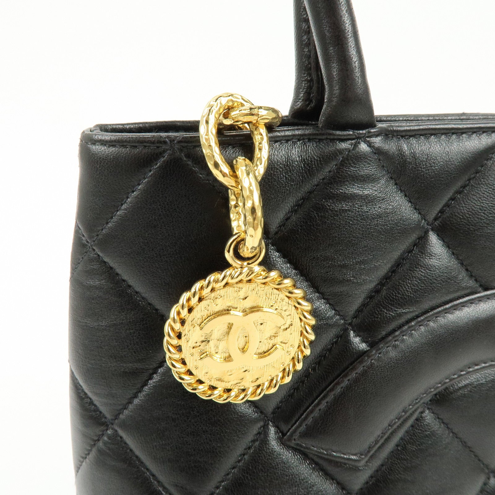 CHANEL Matelasse COCO Mark Calf Skin Medallion Tote Bag Black A01804