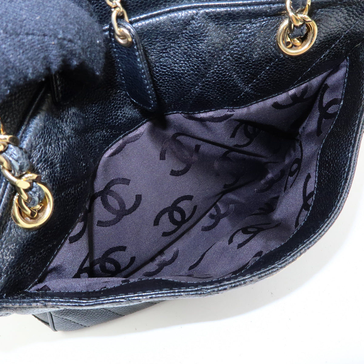 CHANEL Chevron COCO Mark Caviarskin Chain Shoulder Bag Black