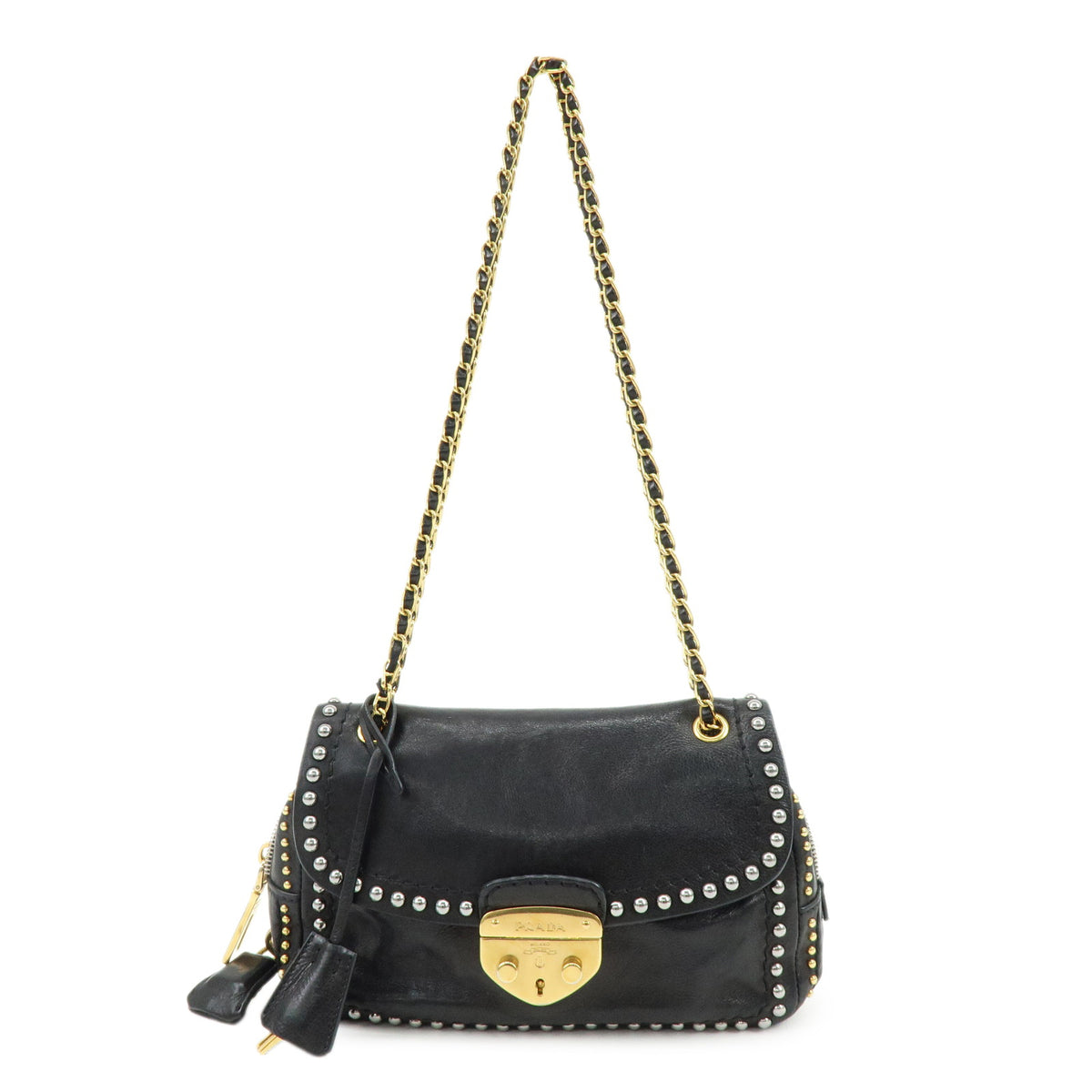 PRADA Leather Chain Shoulder Bag Studded Black Gold Silver BR4588