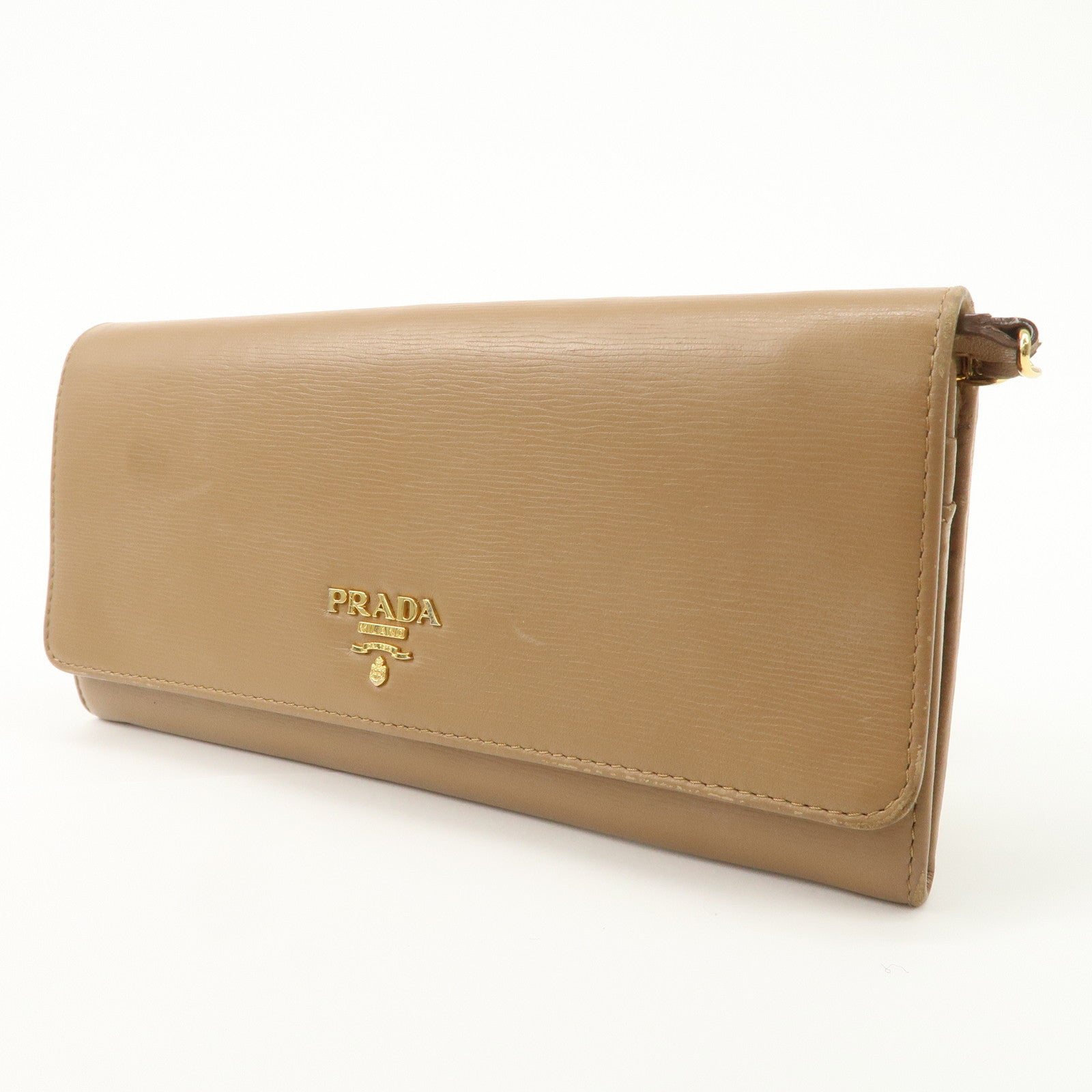 PRADA Logo Leather Chain Wallet WOC Beige Gold Hardware 1MT290 Used