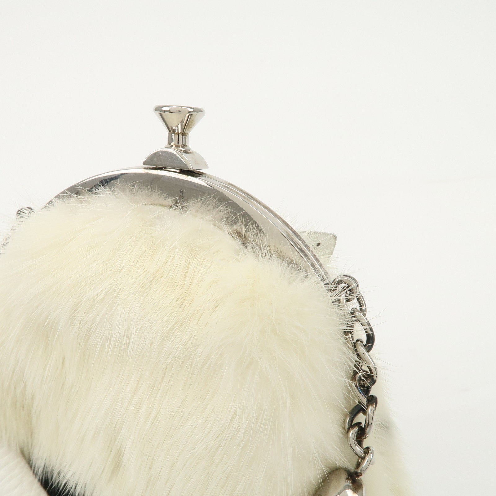 FENDI Seleria Leather Fur Flower Motif Kiss Lock Pouch Hand Bag 8BK048 Used