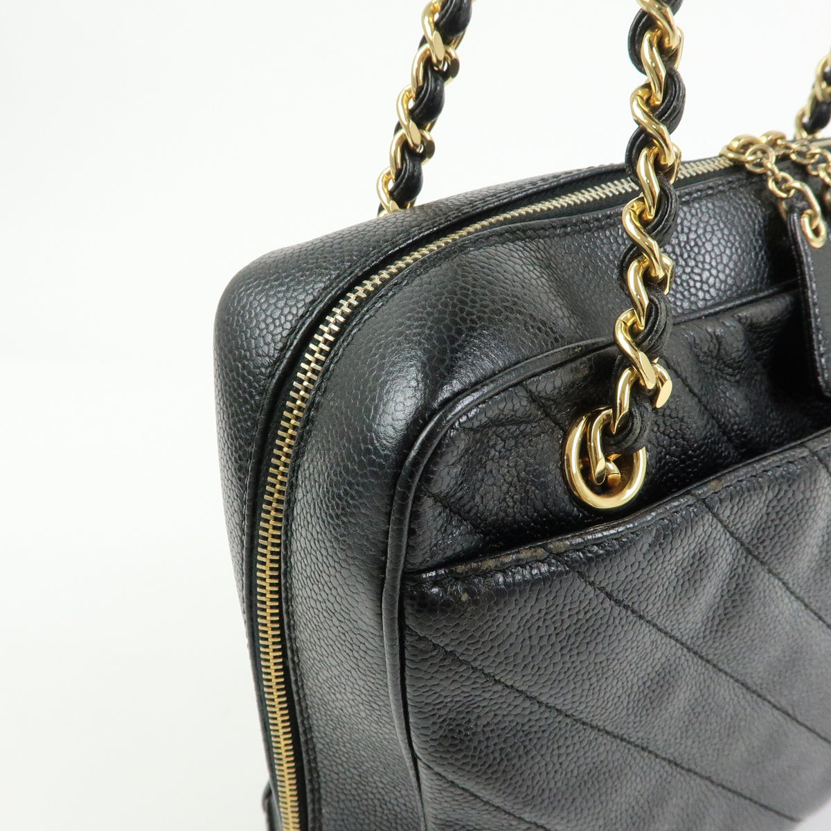 CHANEL Chevron COCO Mark Caviarskin Chain Shoulder Bag Black