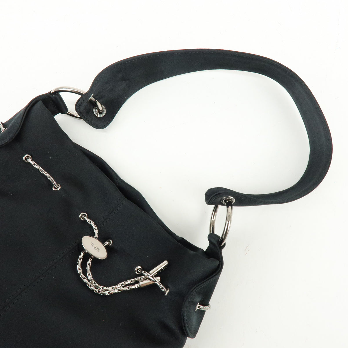 TOD'S Logo Nylon Shoulder Bag Hand Bag Black Silver