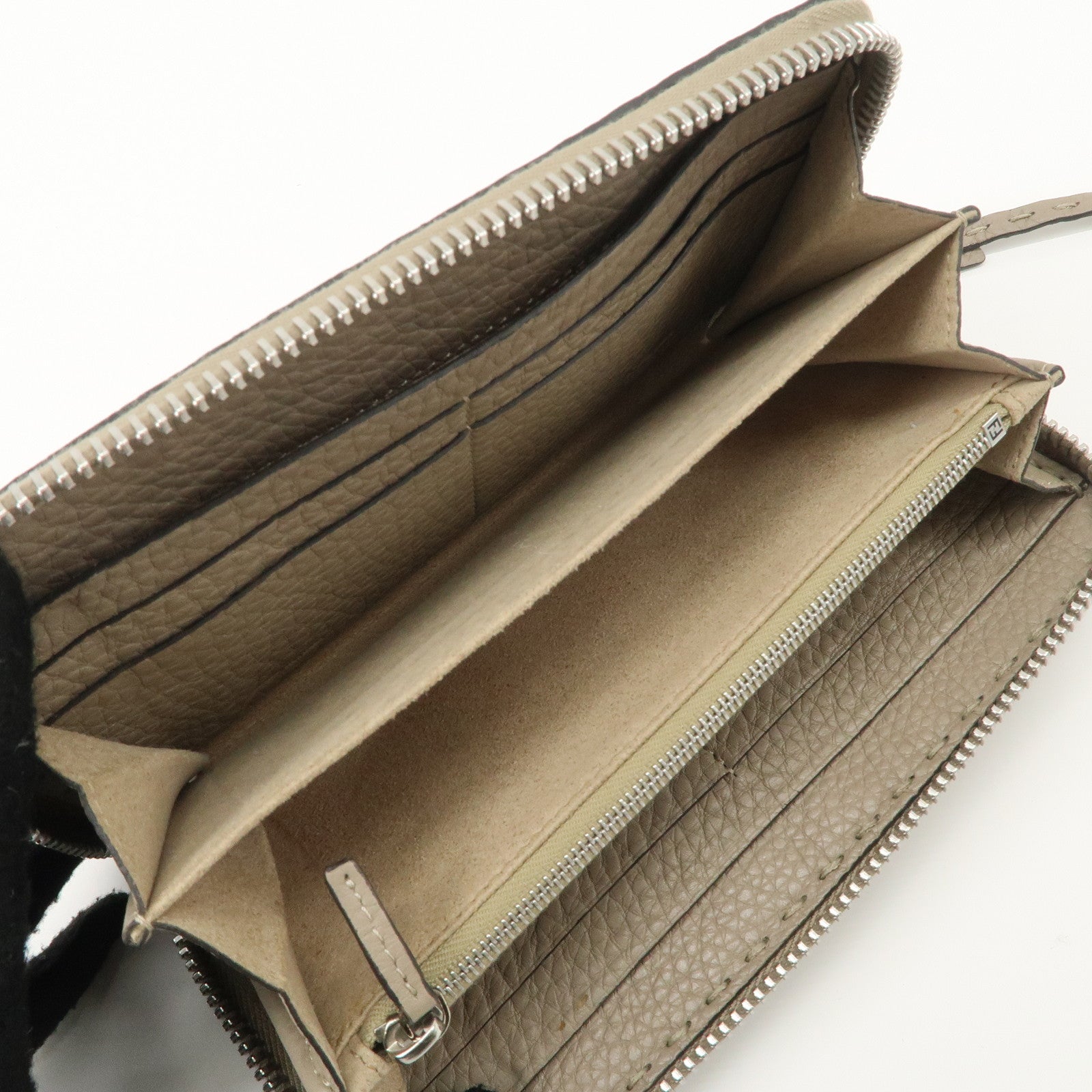 FENDI Selleria Leather Zip Around Long Wallet Greige 8M0374 Used