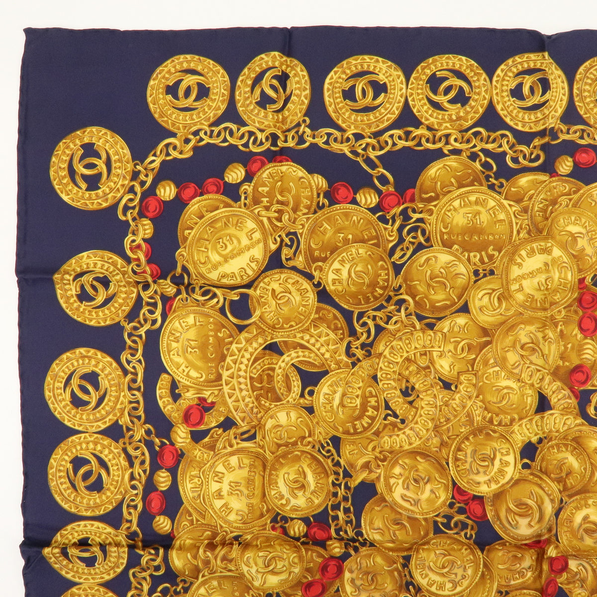 CHANEL COCO Mark Silk 100% Scarf Chain Print Gold Navy Red