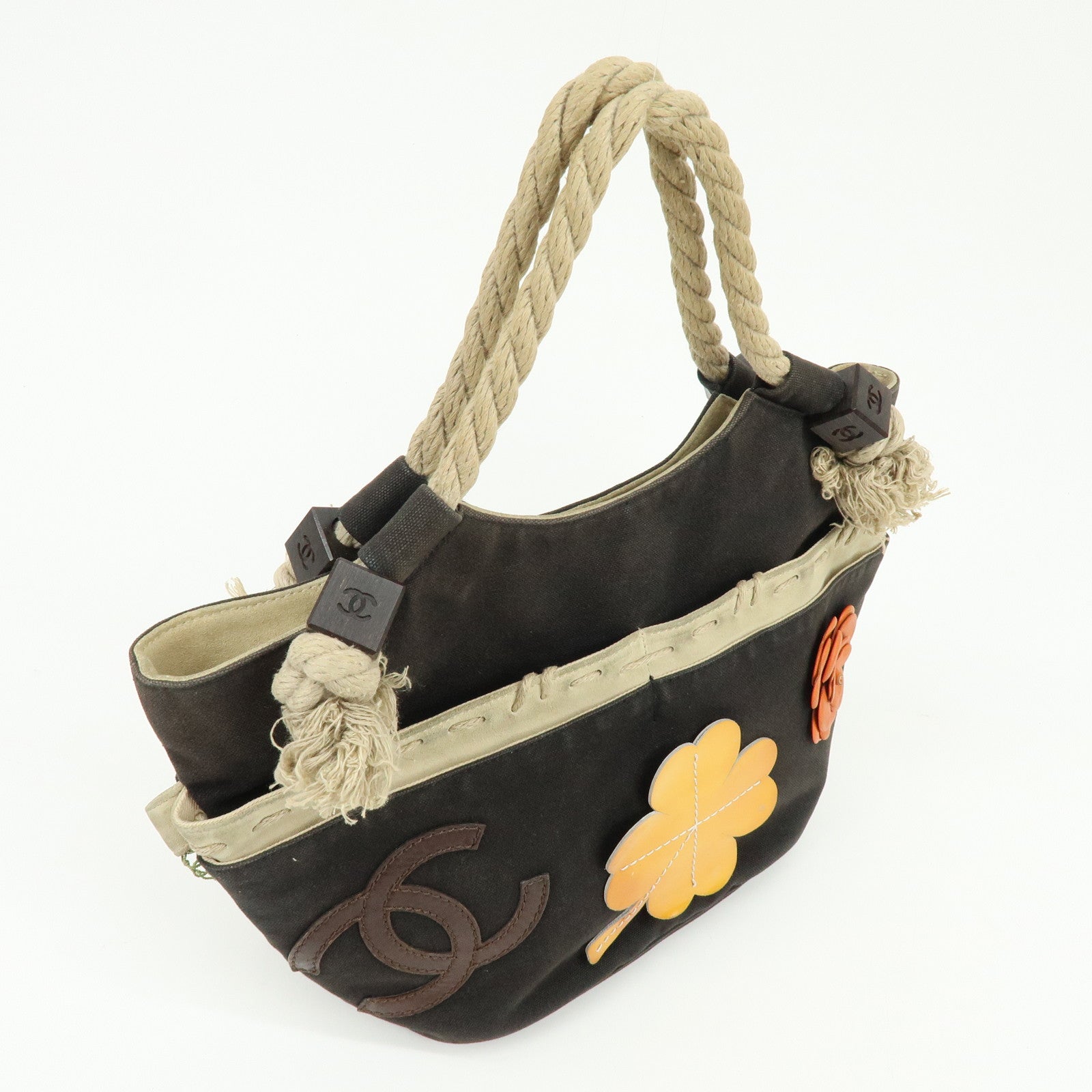 CHANEL COCO Mark Cruise Collection Camellia Canvas Rope Tote Bag Black