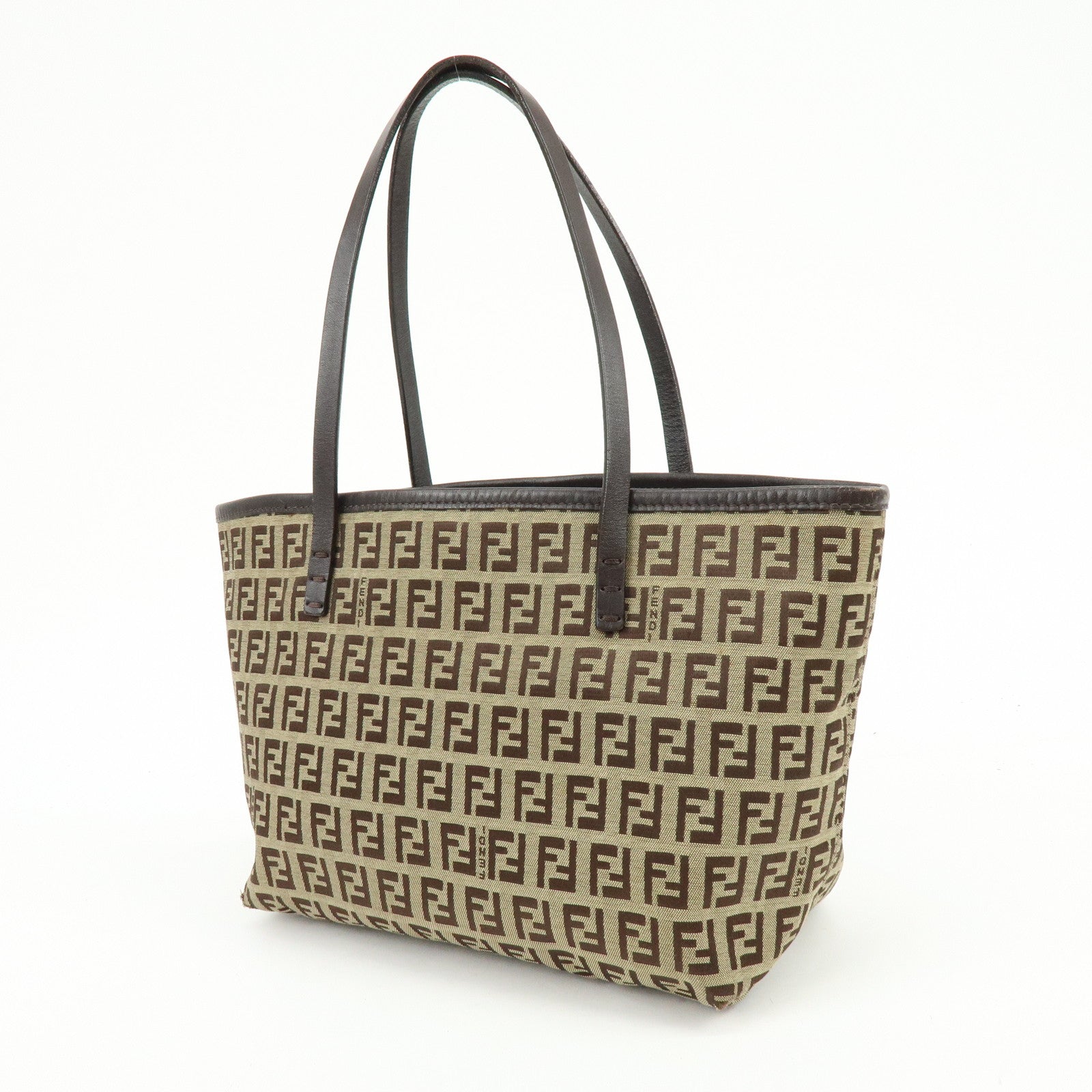 FENDI Zucchino Canvas Leather Tote Bag Hand Bag Shoulder Bag Brown