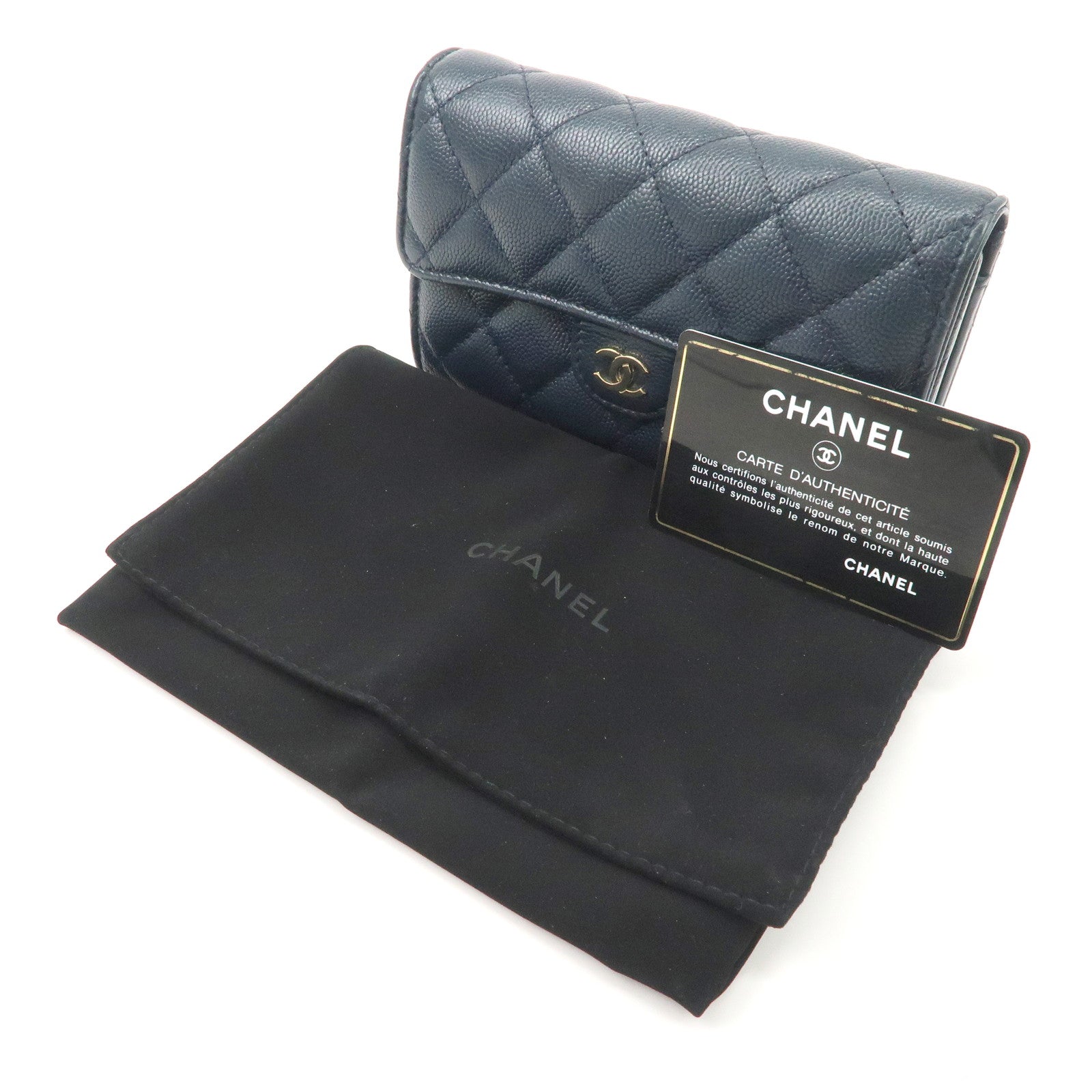 CHANEL Matelasse Caviarskin Tri-fold Wallet Small Wallet Navy AP0232 Used