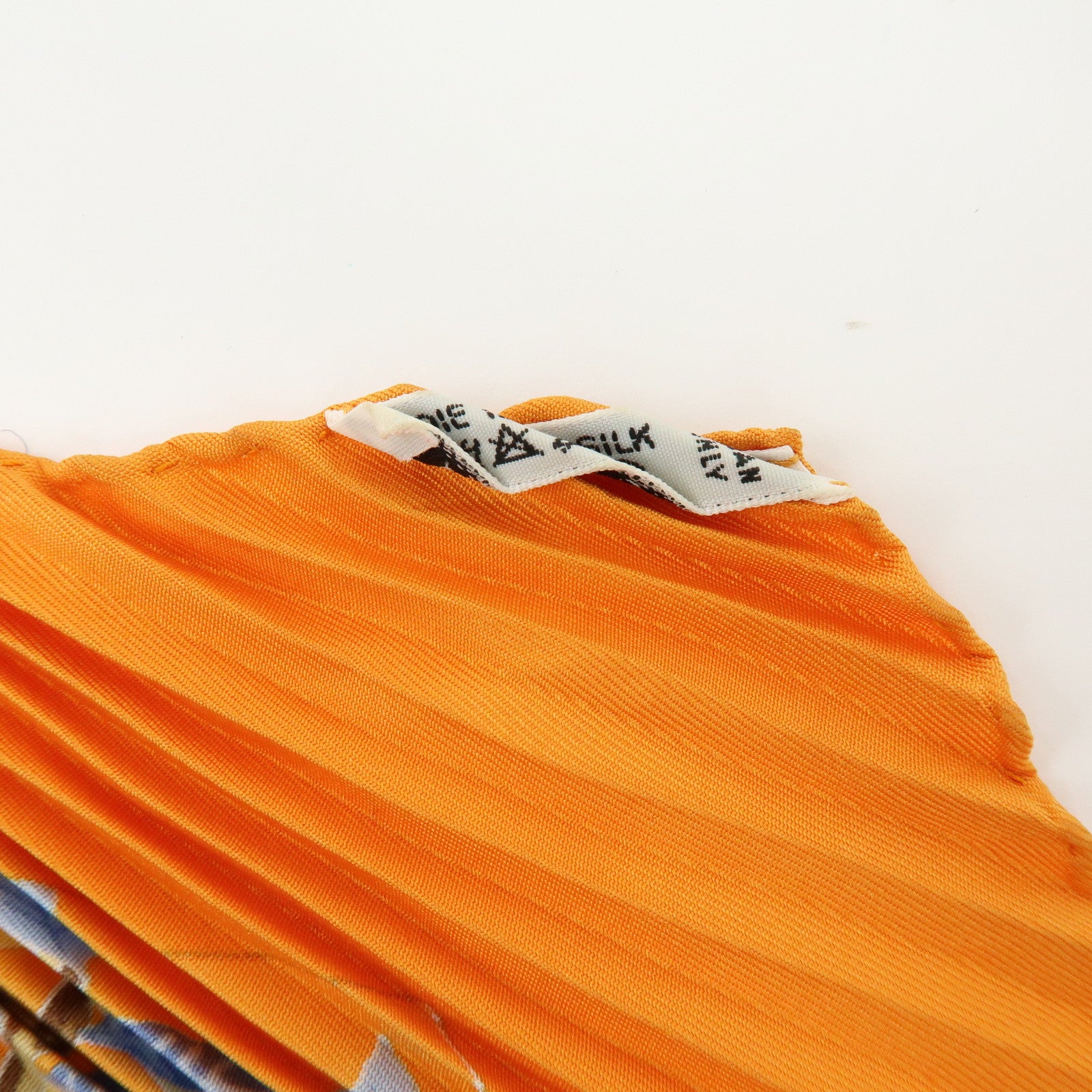 HERMES Pleated Carre Silk 100% Scarf AXIS MUNDI Orange Light Blue