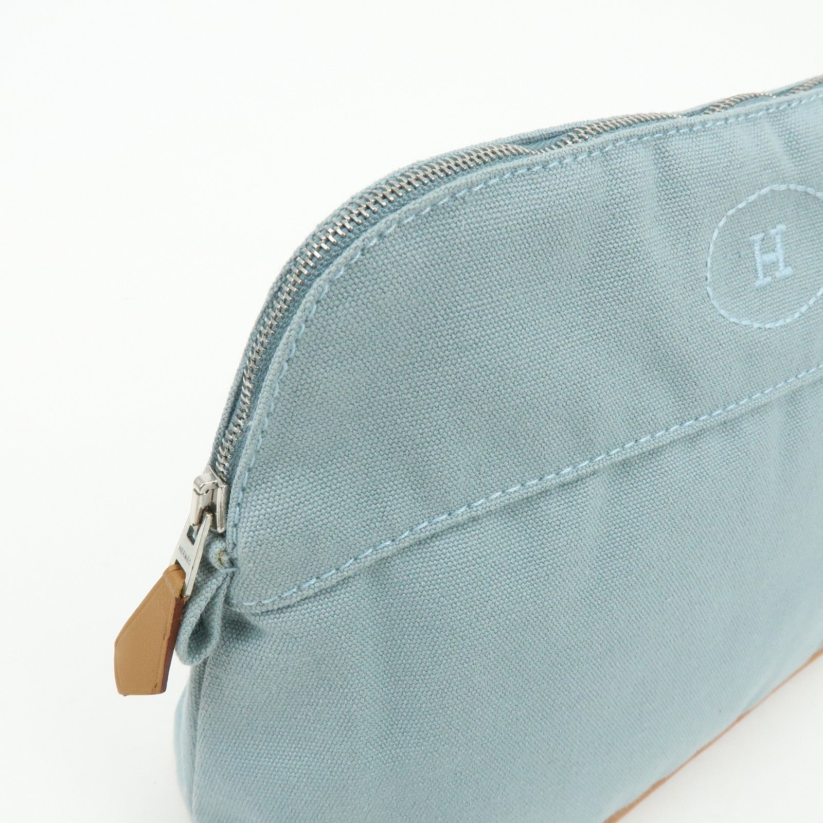 HERMES Bolide Pouch MM Cotton Leather Cosmetic Pouch Light Blue Brown