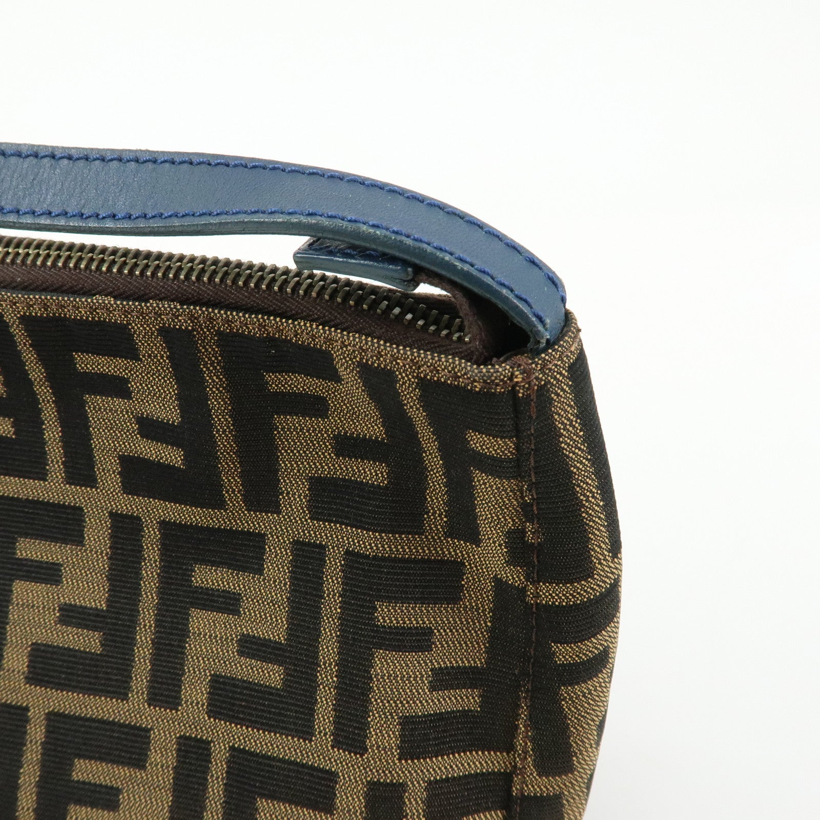 FENDI Zucca Canvas Leather Hand Bag Accessory Pouch Brown Blue 8N0005