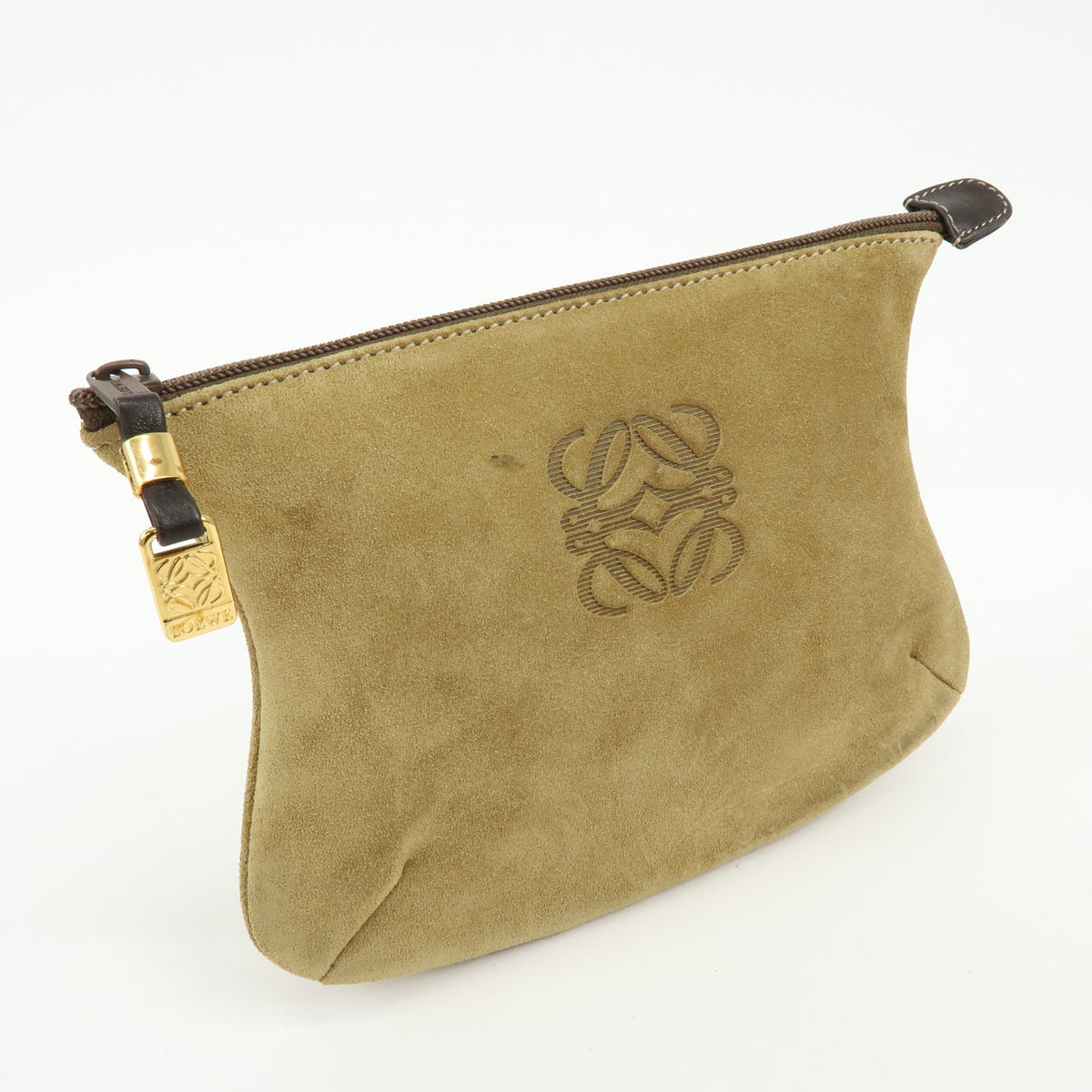 LOEWE Anagram Suede Accessory Pouch Makeup Bag Pouch Beige Gold