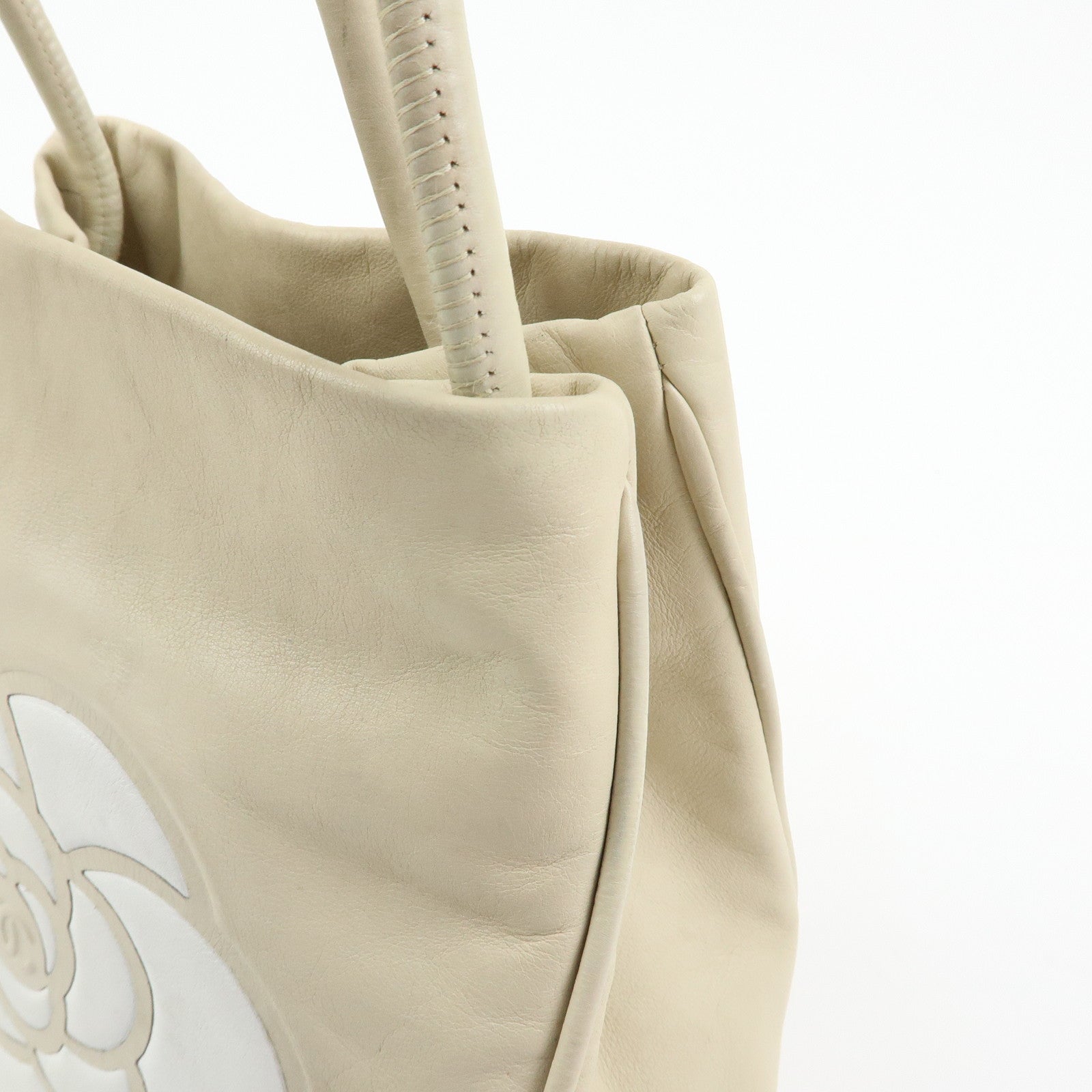 CHANEL Logo Camellia Leather Tote Bag Shoulder Bag Beige A20856