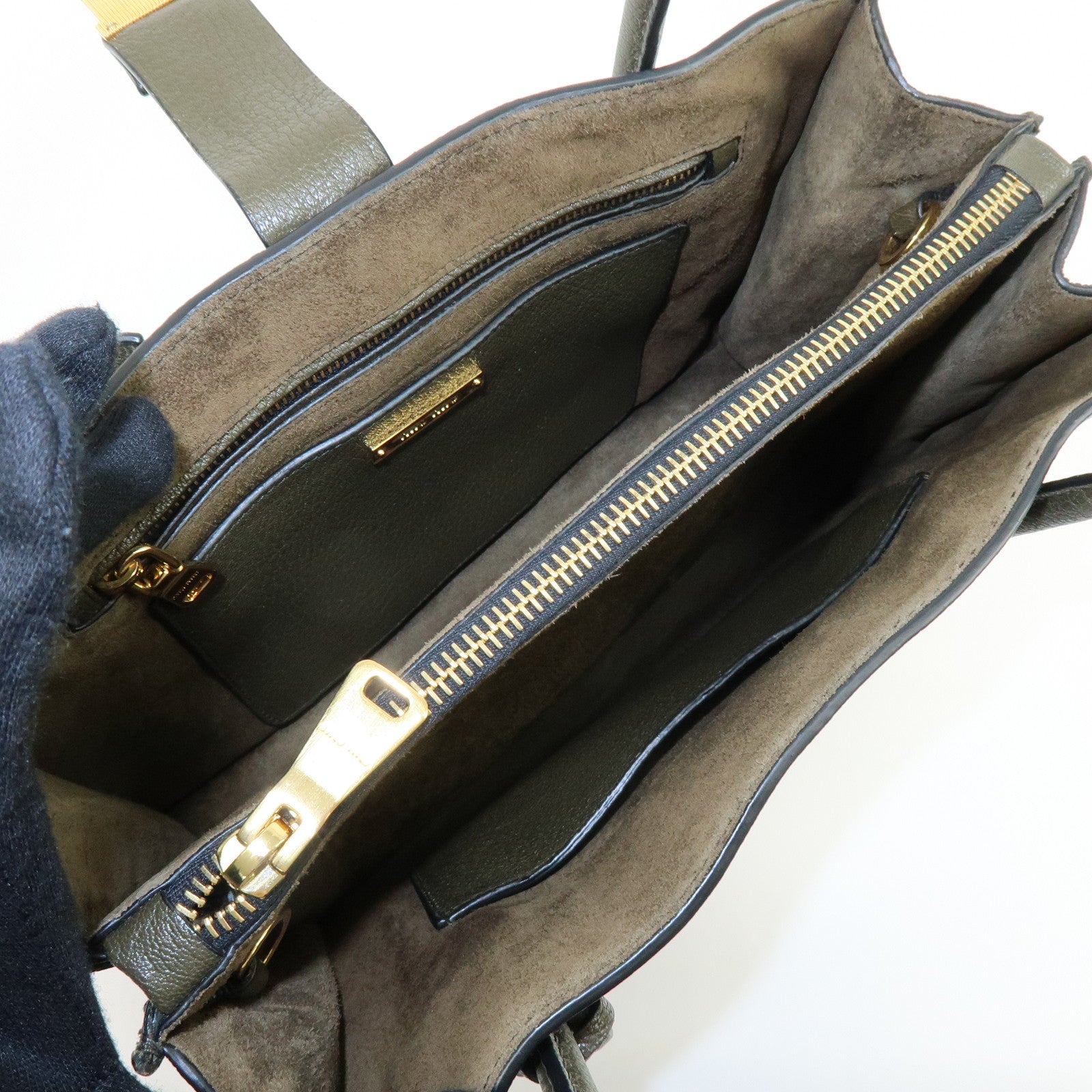 MIU MIU Madras Leather 2Way Bag Hand Bag Shoulder Bag Khaki 5BA104