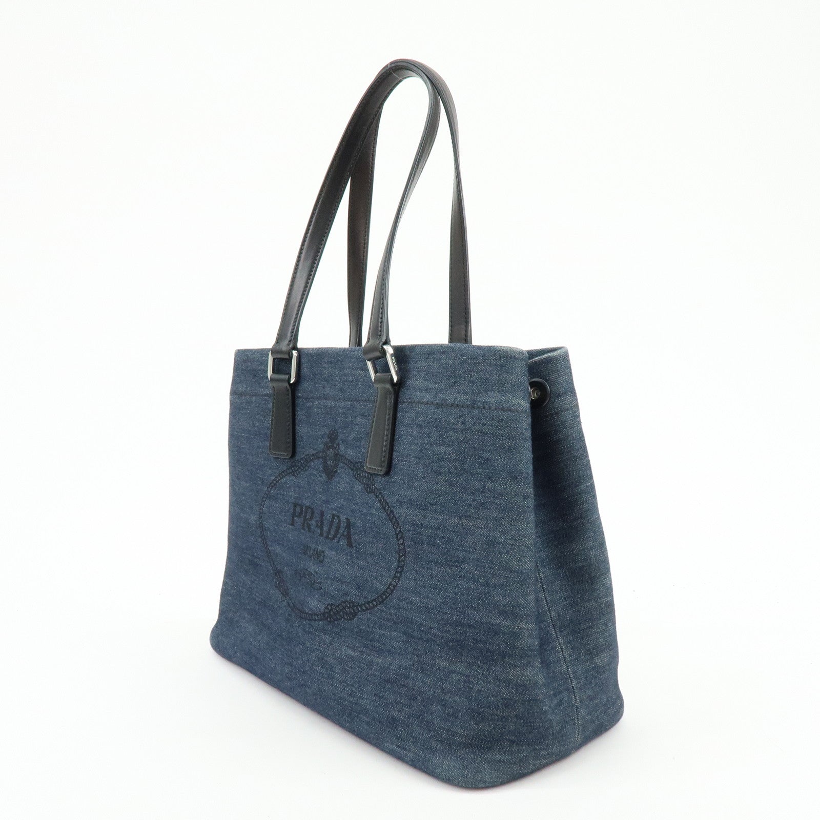 PRADA Logo Denim Leather Tote Bag Shoulder Hand Bag Navy Black 1BG356