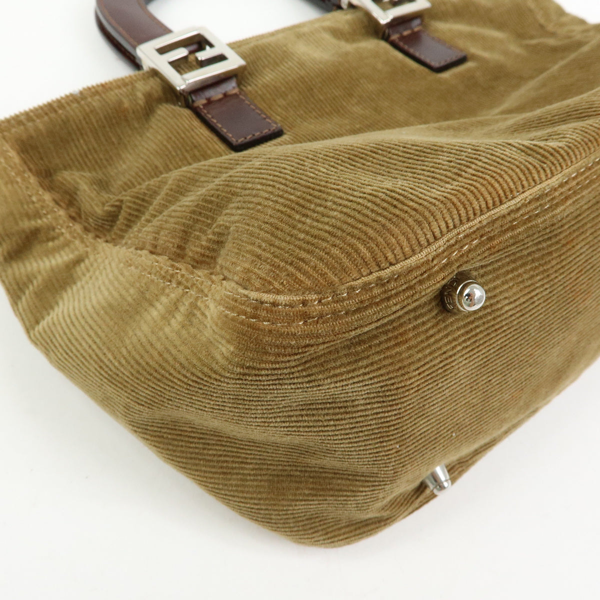 FENDI Corduroy Leather Hand Bag Mini Tote Bag Khaki 26693