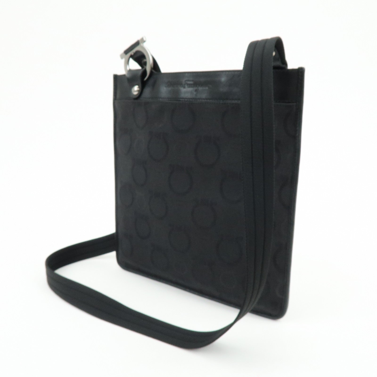 Ferragamo Gancini Canvas Leather Shoulder Bag Crossbody Bag Black