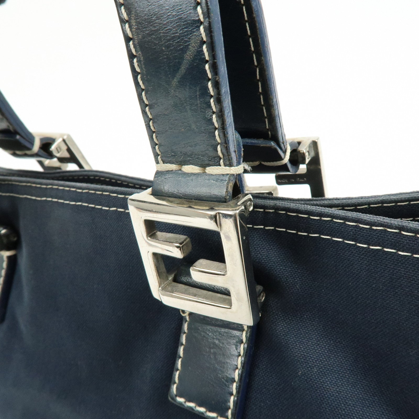 FENDI Canvas Leather Tote Bag Hand Bag White Stitch Navy 26693