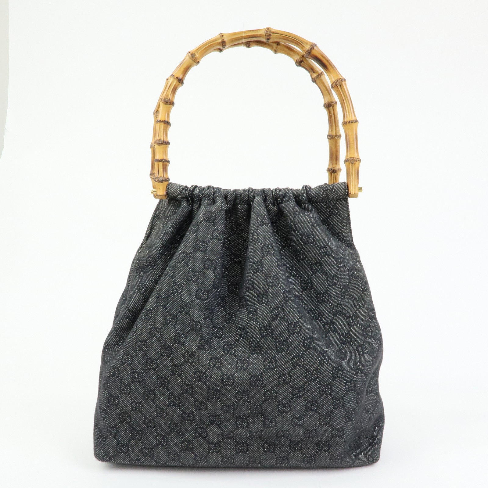 GUCCI Bamboo GG Monogram Denim Shoulder Bag Hand Bag Black 92709