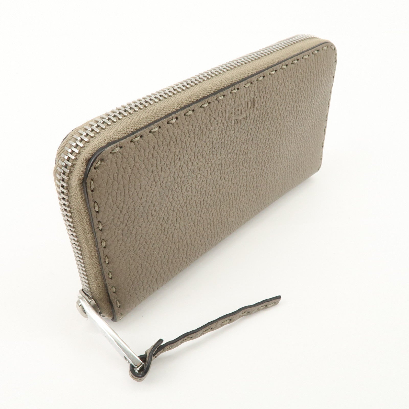 FENDI Selleria Leather Zip Around Long Wallet Greige 8M0374 Used