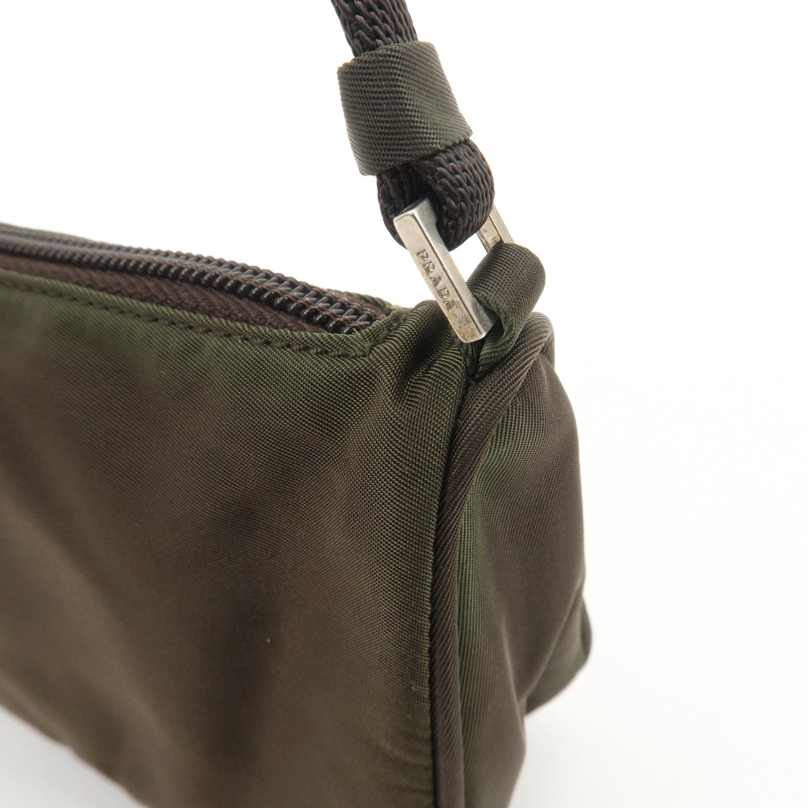 PRADA Triangle Logo Nylon Leather Accessory Pouch Hand Bag Khaki Silver HDW Used