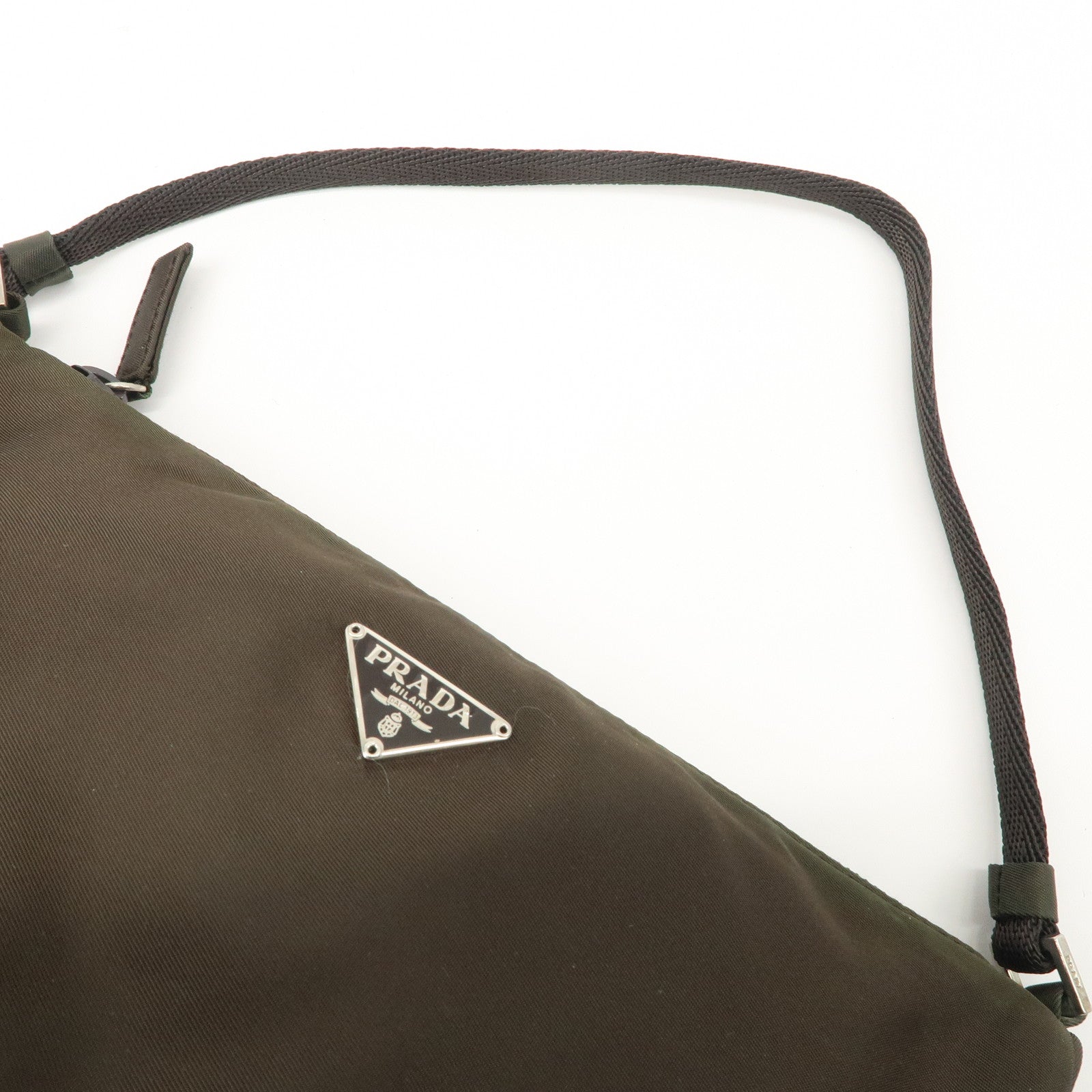 PRADA Triangle Logo Nylon Leather Accessory Pouch Hand Bag Khaki Silver HDW Used