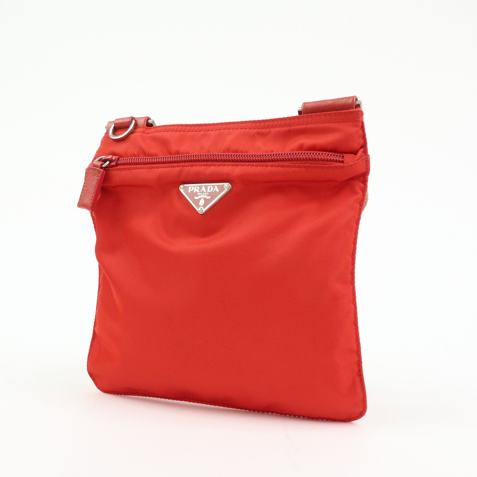 PRADA Triangle Logo Nylon Shoulder Bag Crossbody Bag Red Beige B7372