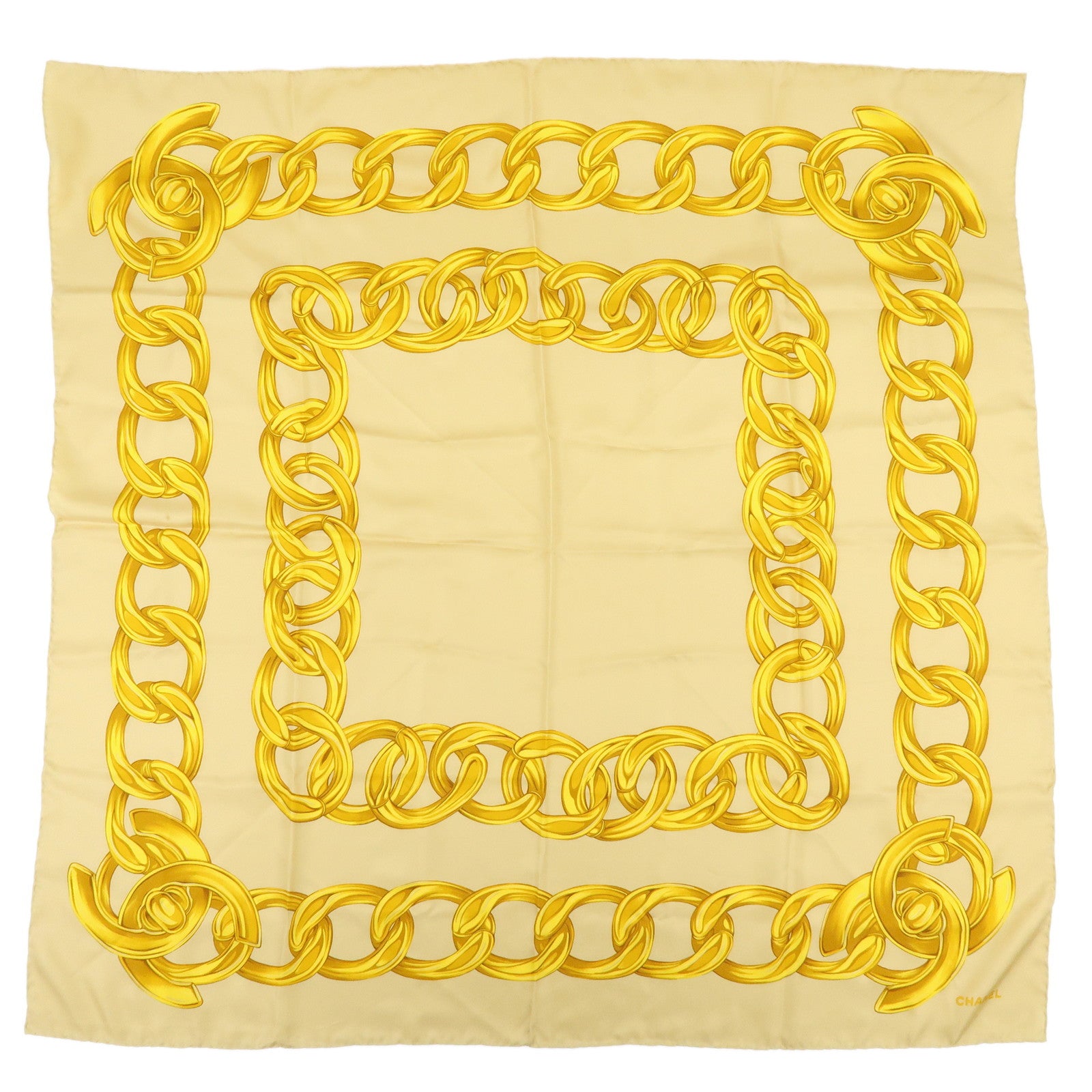 CHANEL Silk 100% Scarf Gold Chian Motif Beige Gold