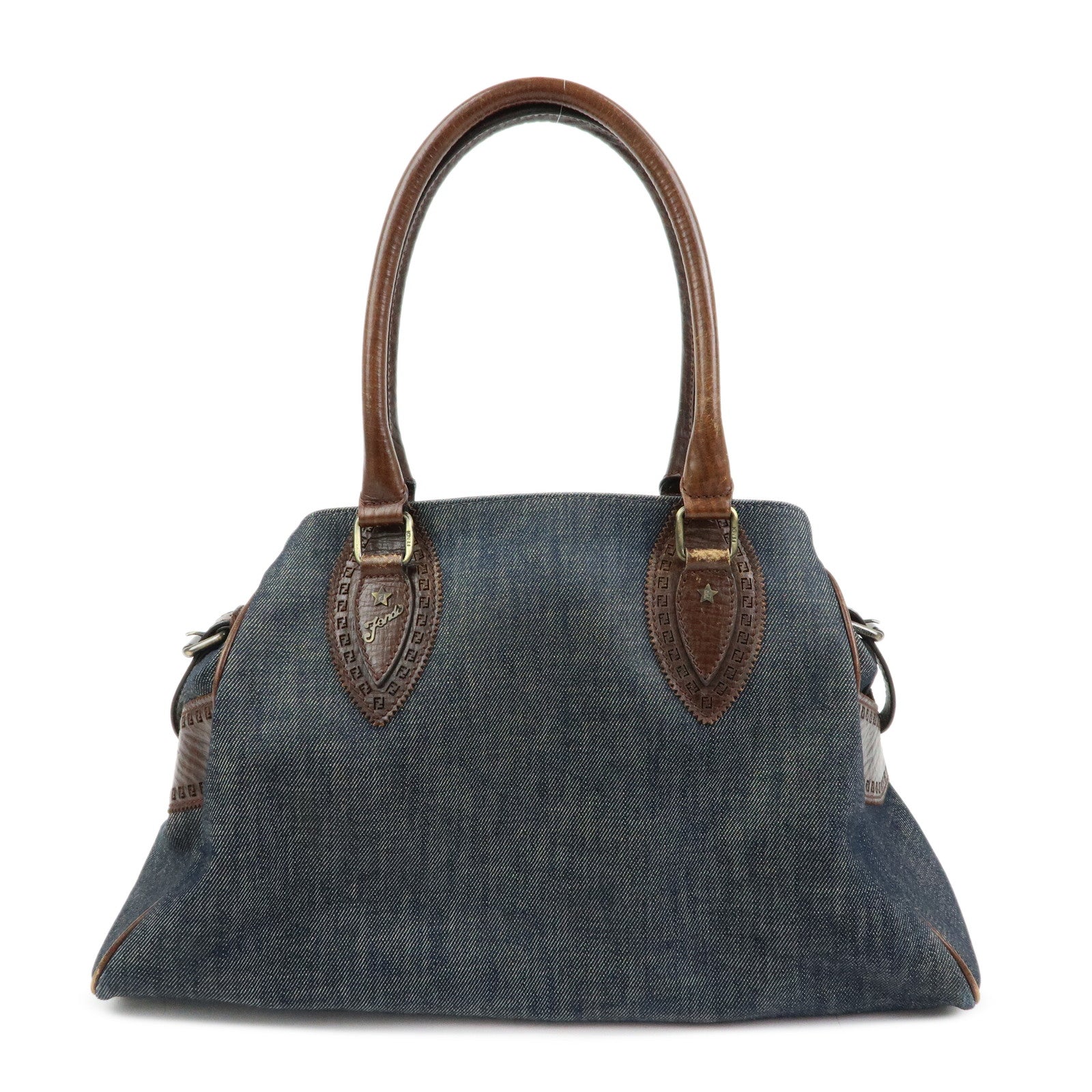 FENDI Etnico Leather Denim Tote Bag Shoulder Bag Brown Blue 8BN162