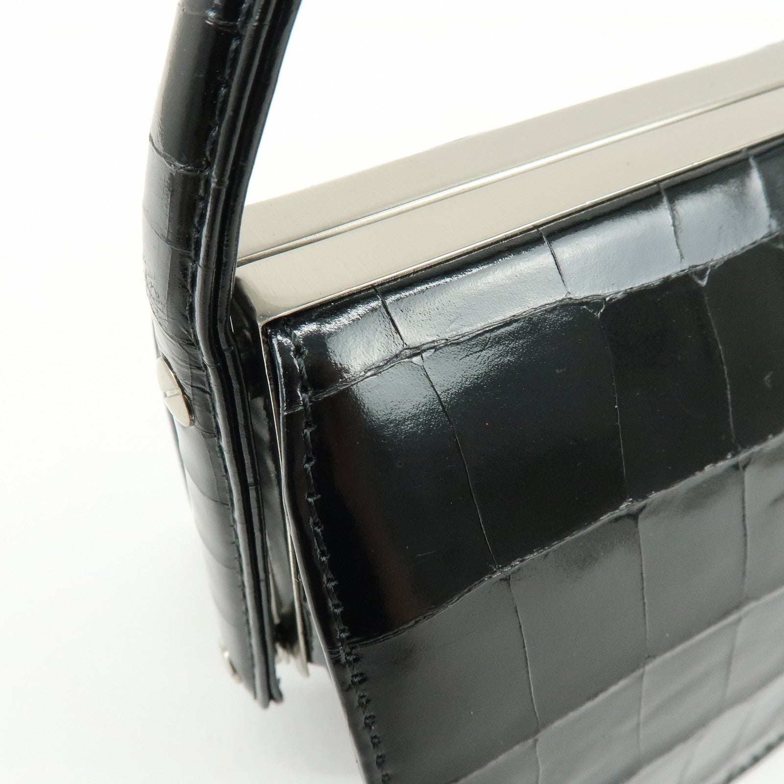 GIANNI VERSACE Embossed Leather Kiss Lock Top Handle Hand Bag Black